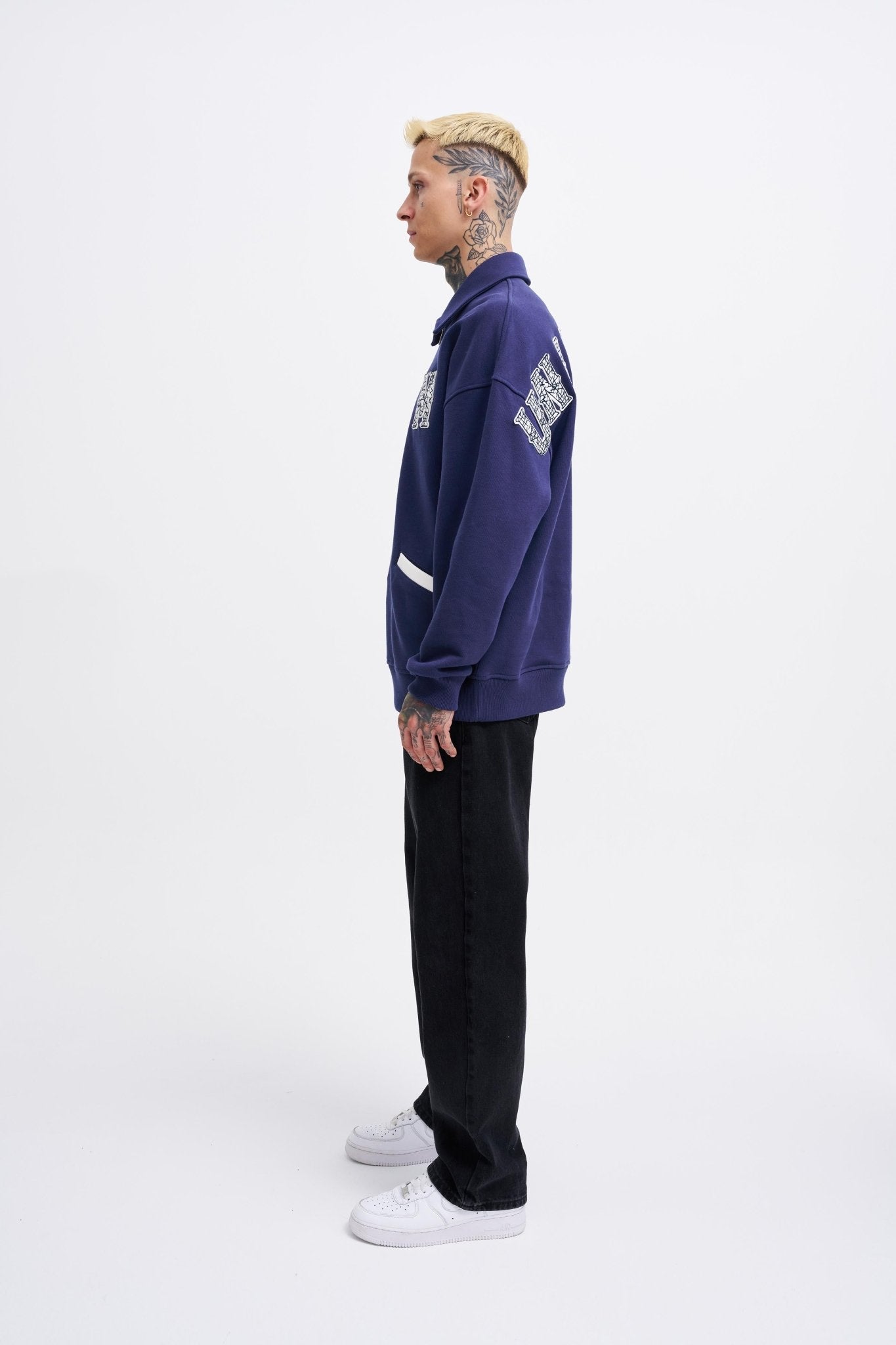 Erkek Felt Badge Zip Polo Sweatshirt Gece Mavisi