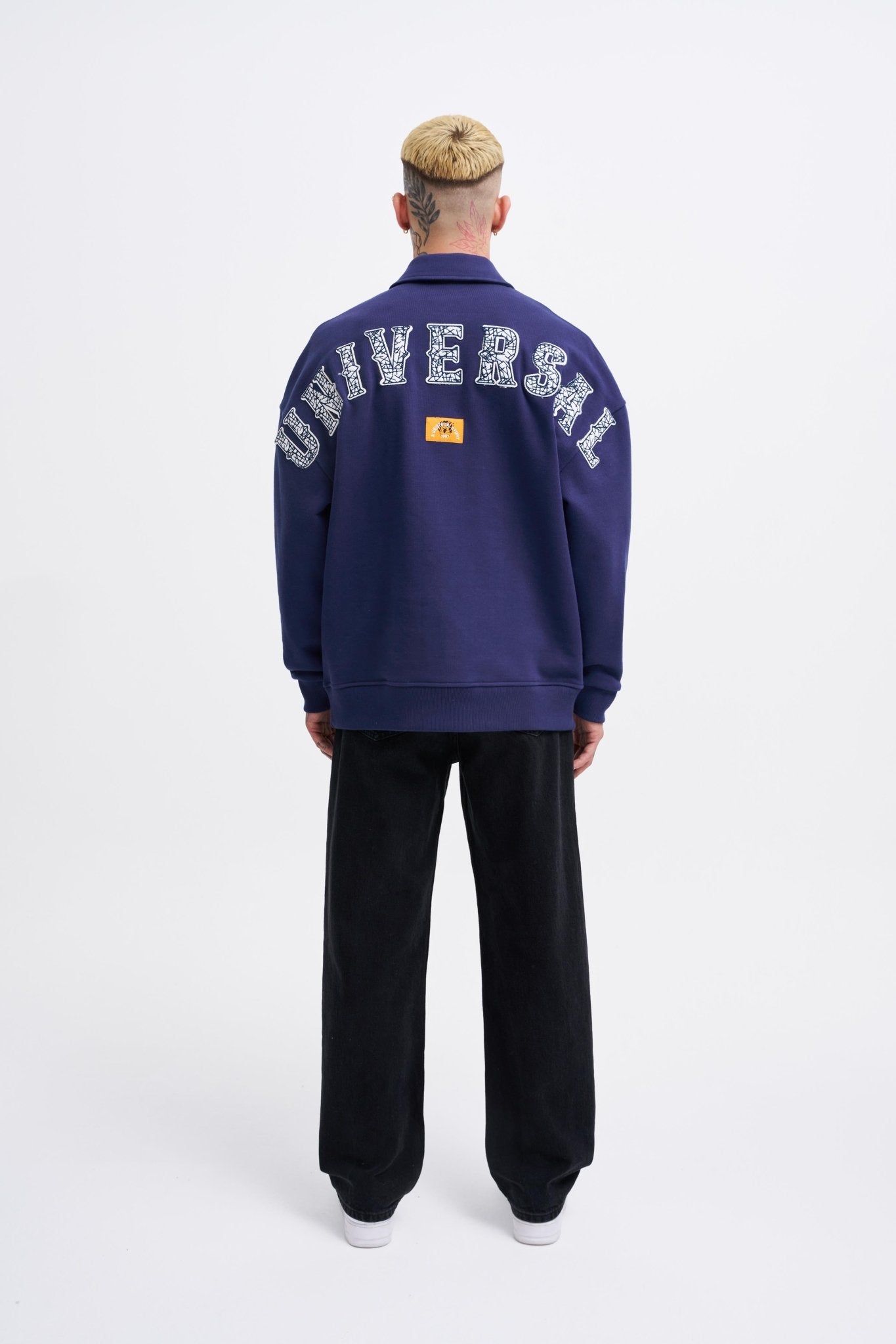 Erkek Felt Badge Zip Polo Sweatshirt Gece Mavisi