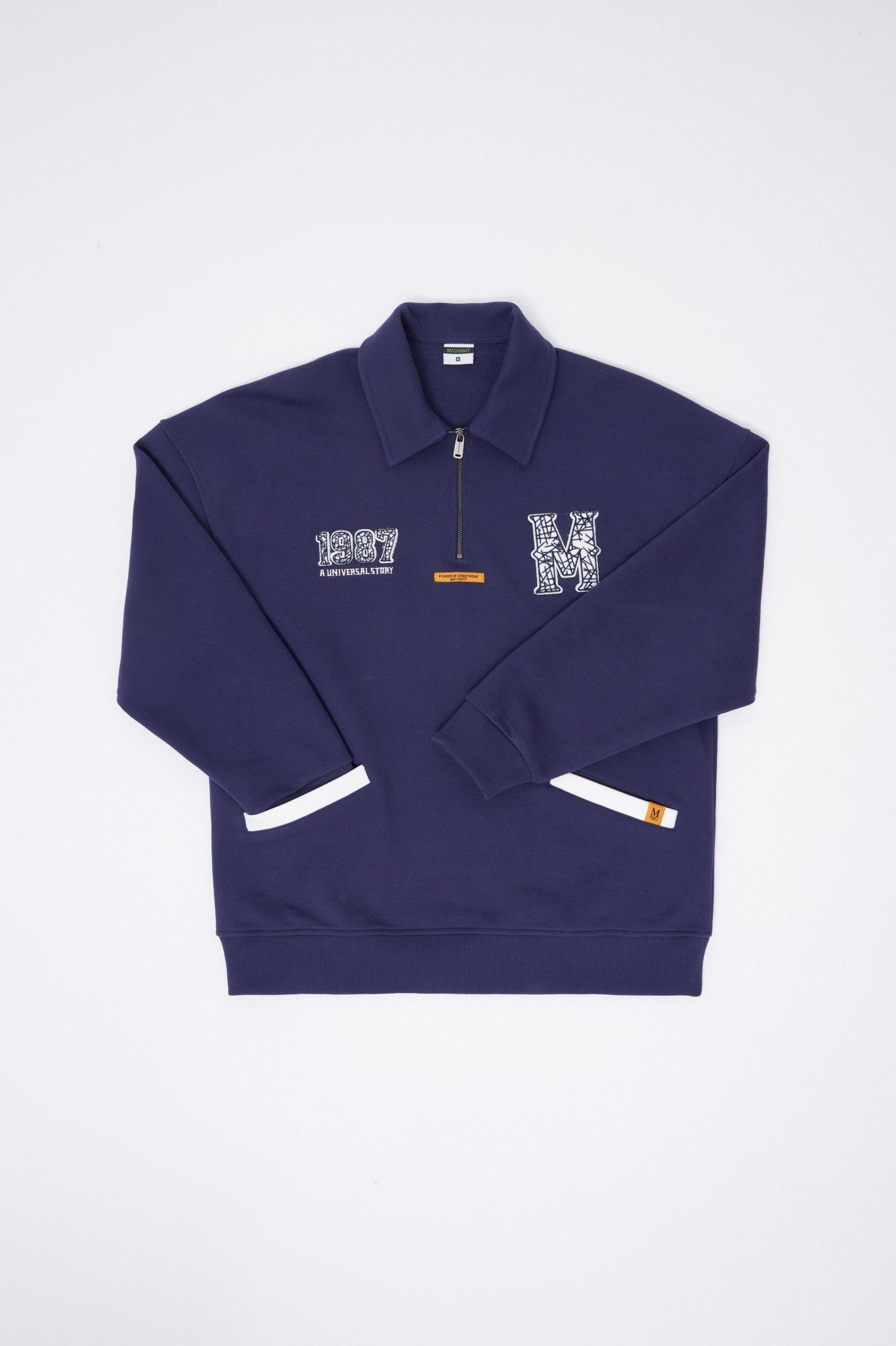 Erkek Felt Badge Zip Polo Sweatshirt Gece Mavisi