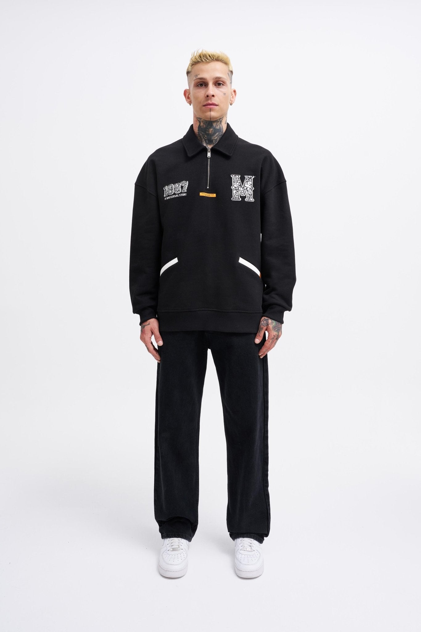 Erkek Felt Badge Zip Polo Sweatshirt Siyah