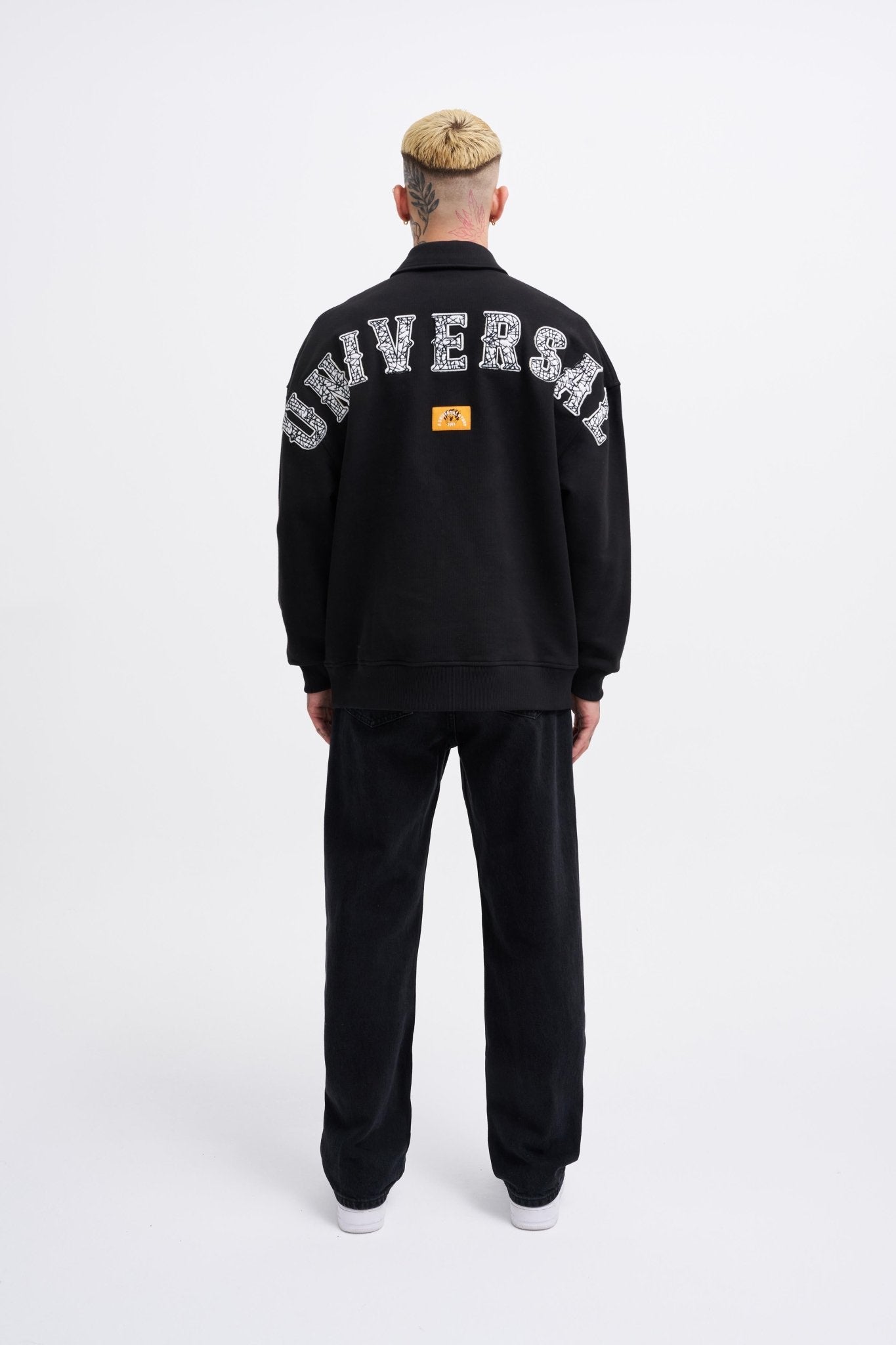 Erkek Felt Badge Zip Polo Sweatshirt Siyah