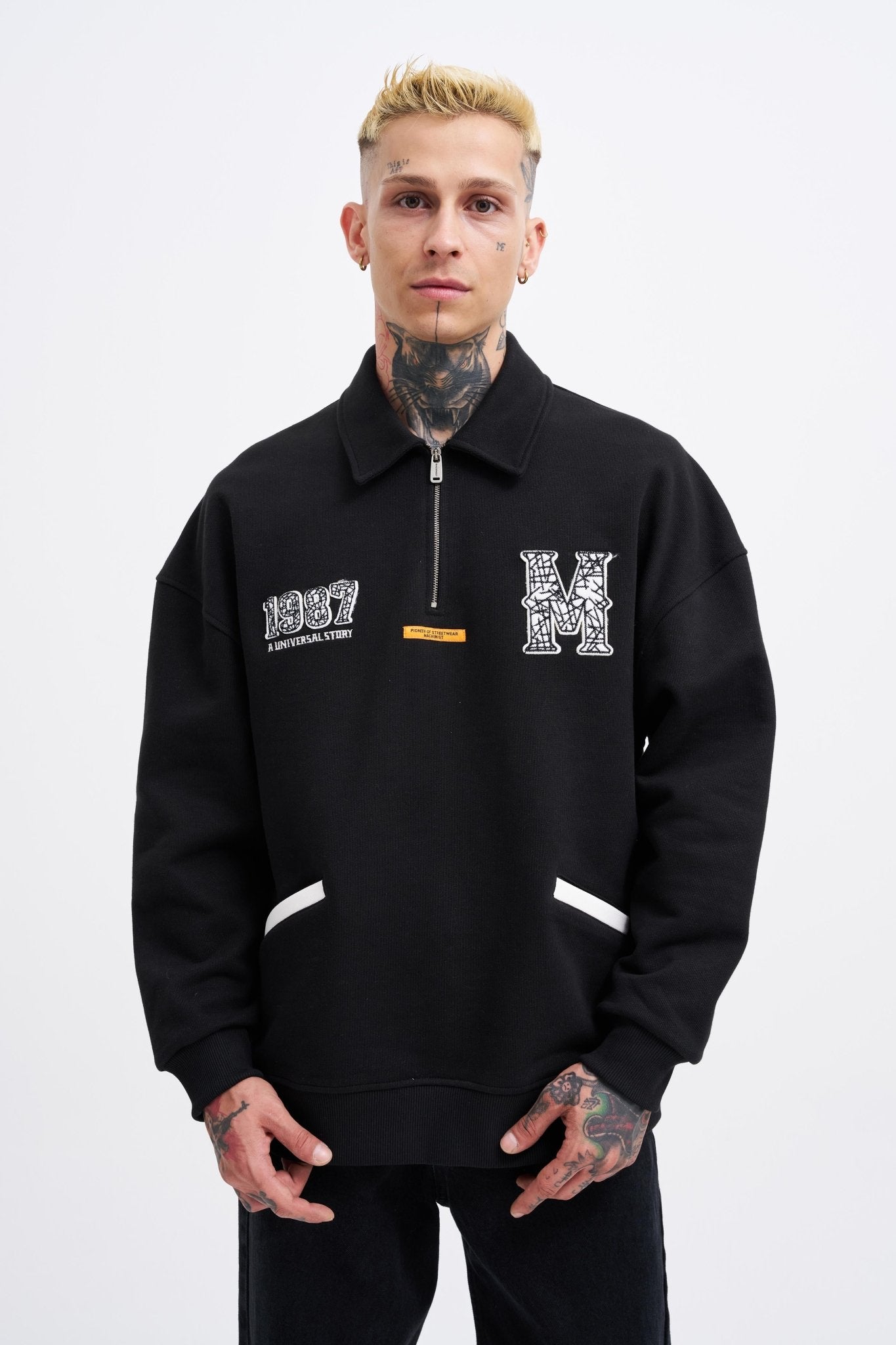Erkek Felt Badge Zip Polo Sweatshirt Siyah