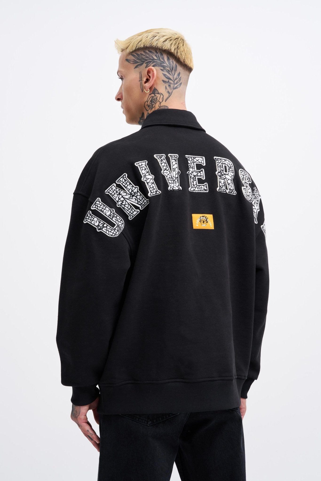 Erkek Felt Badge Zip Polo Sweatshirt Siyah