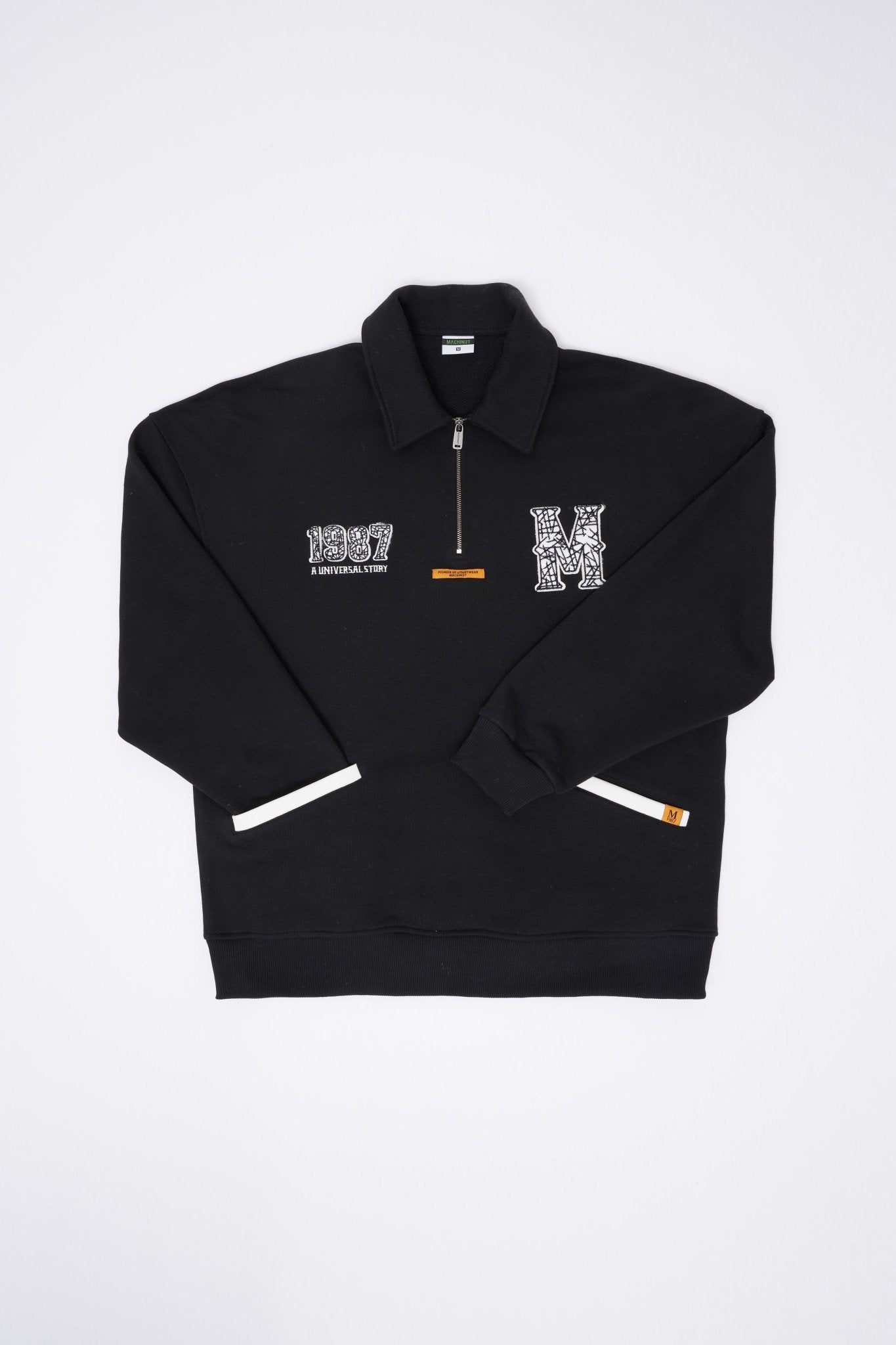 Erkek Felt Badge Zip Polo Sweatshirt Siyah