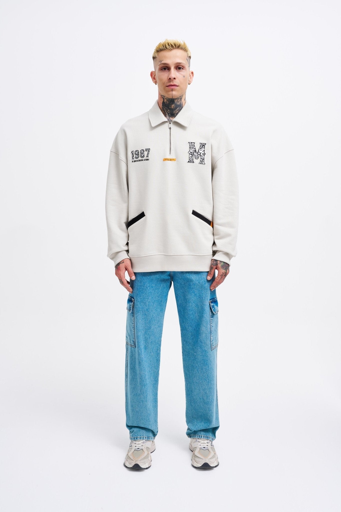 Erkek Felt Badge Zip Polo Sweatshirt Uzay Grisi