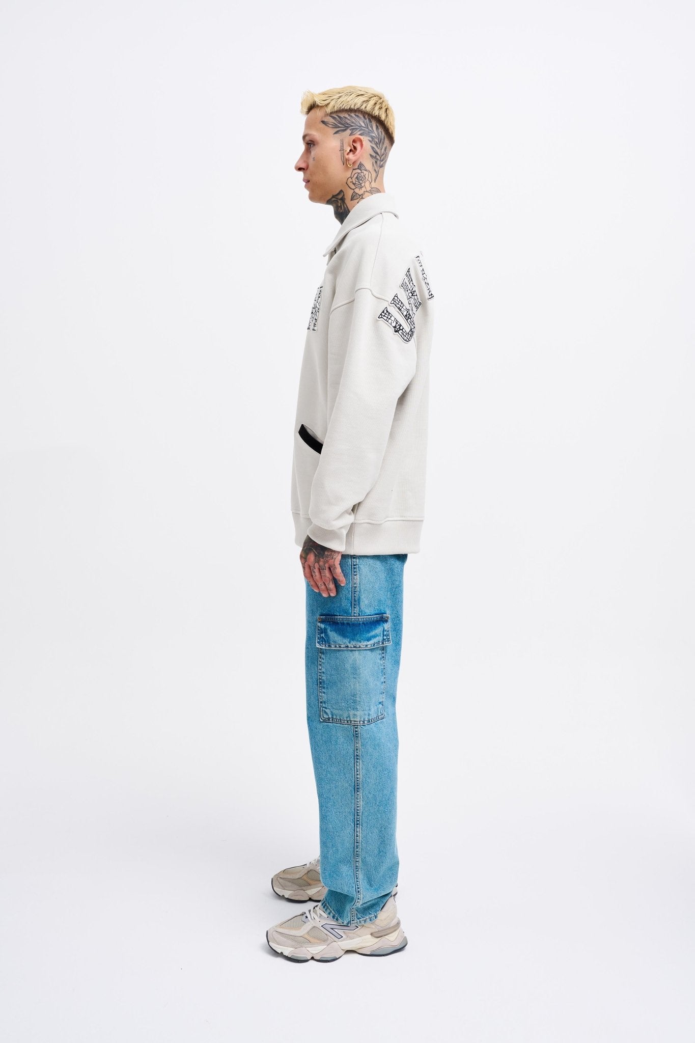 Erkek Felt Badge Zip Polo Sweatshirt Uzay Grisi