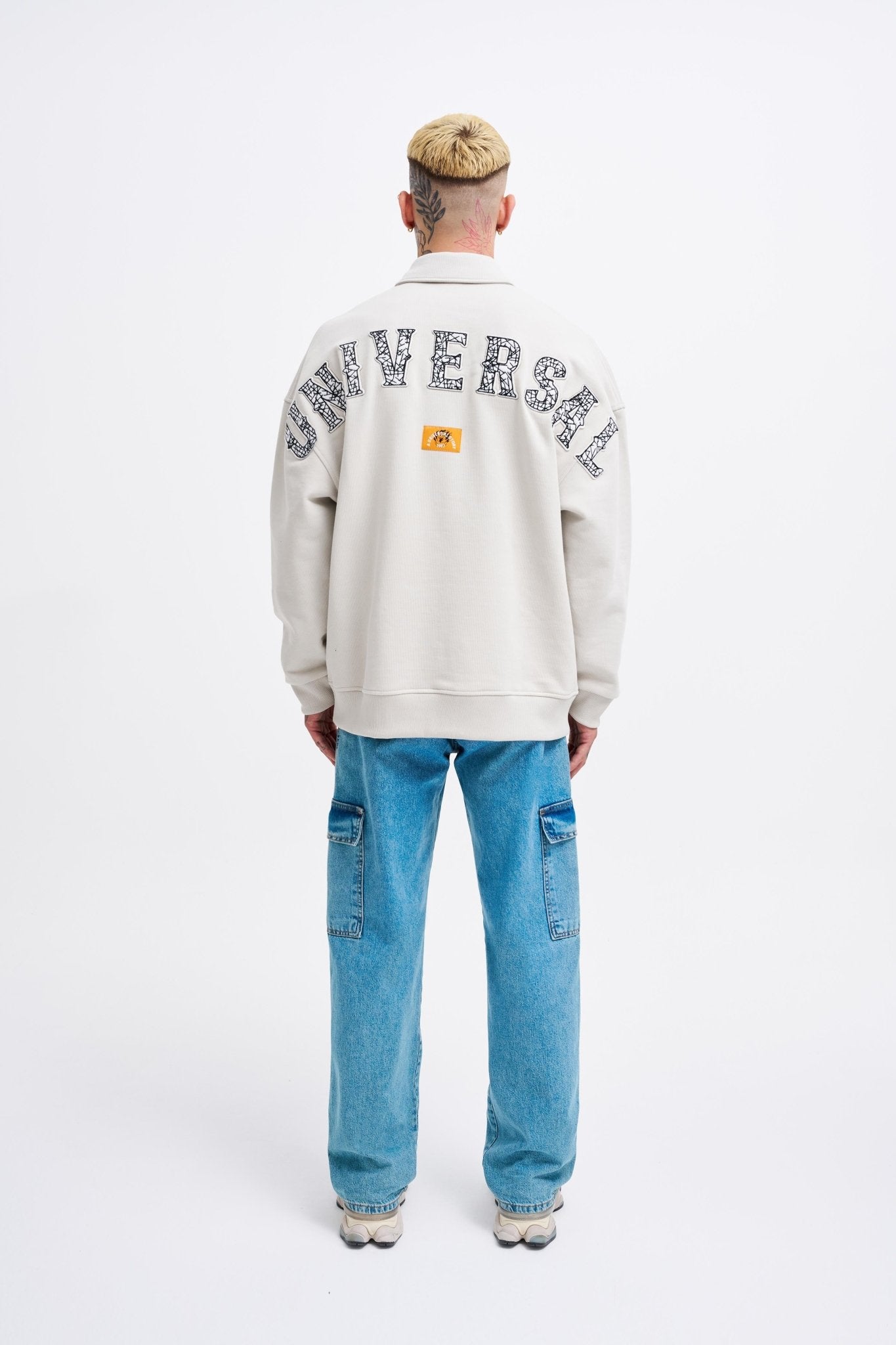 Erkek Felt Badge Zip Polo Sweatshirt Uzay Grisi