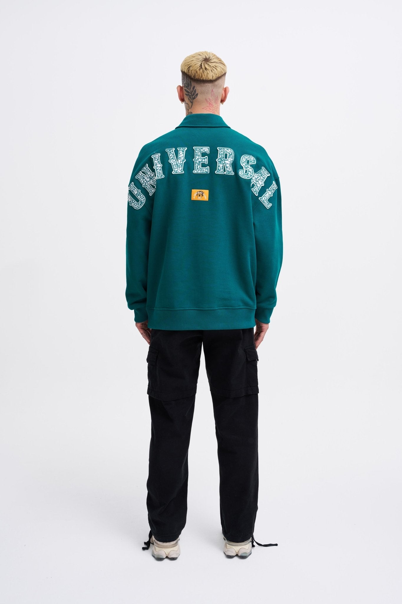 Erkek Felt Badge Zip Polo Sweatshirt Yağ Yeşili