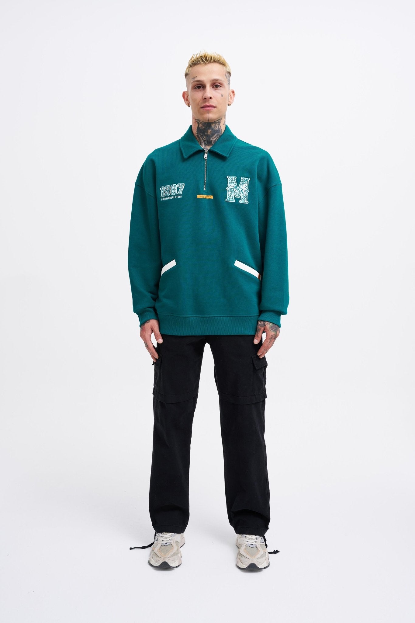 Erkek Felt Badge Zip Polo Sweatshirt Yağ Yeşili