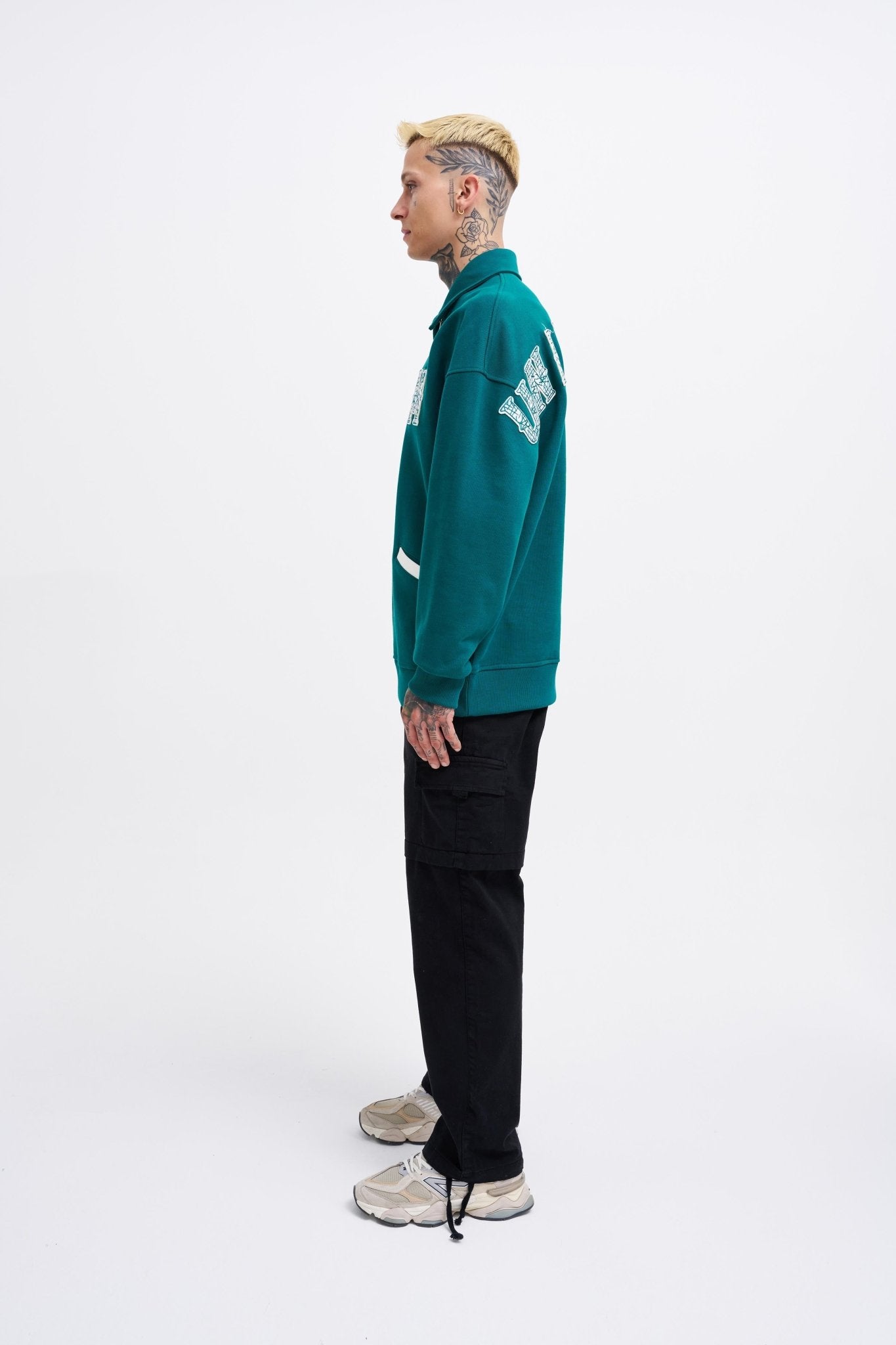 Erkek Felt Badge Zip Polo Sweatshirt Yağ Yeşili