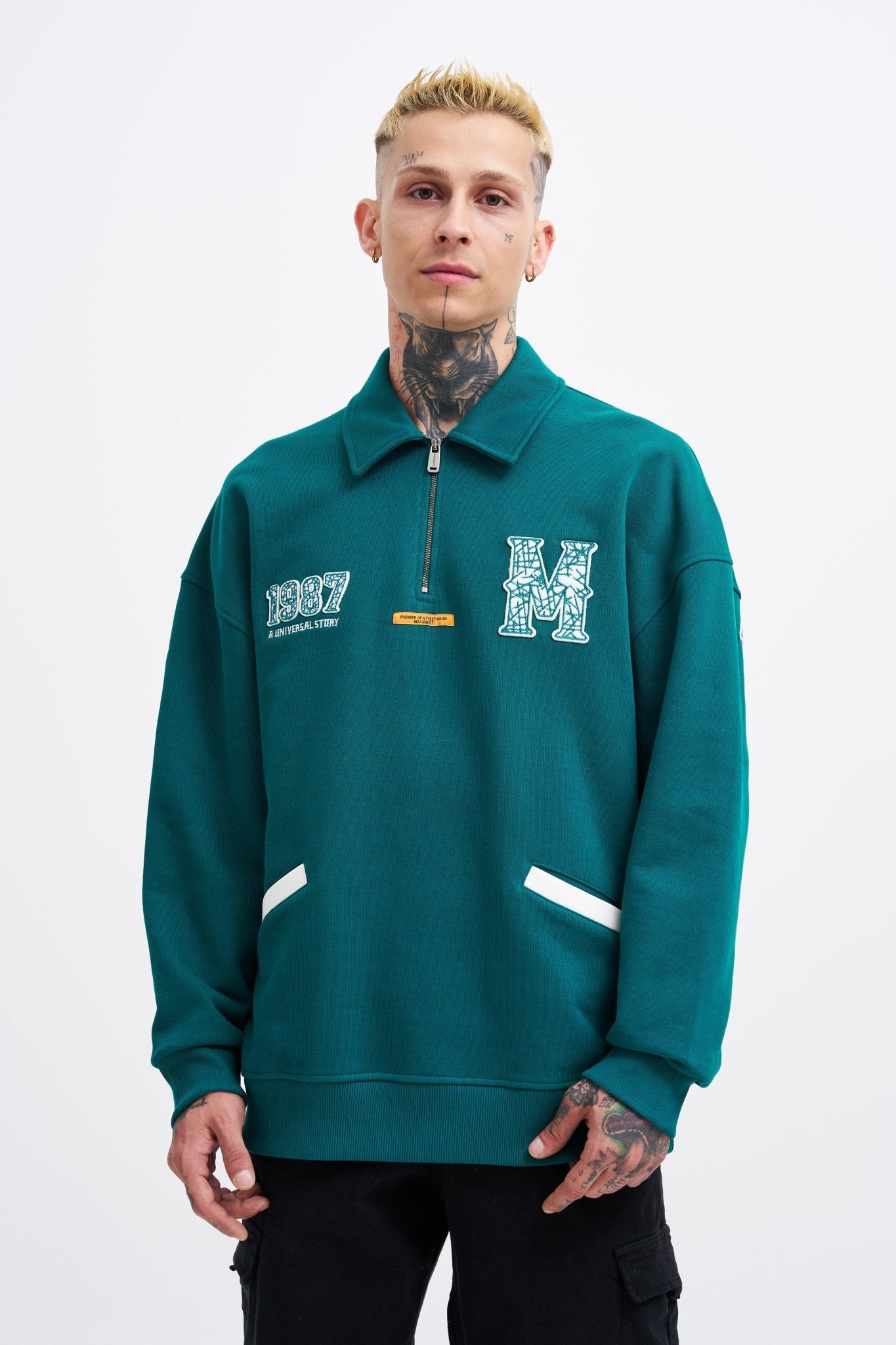 Erkek Felt Badge Zip Polo Sweatshirt Yağ Yeşili