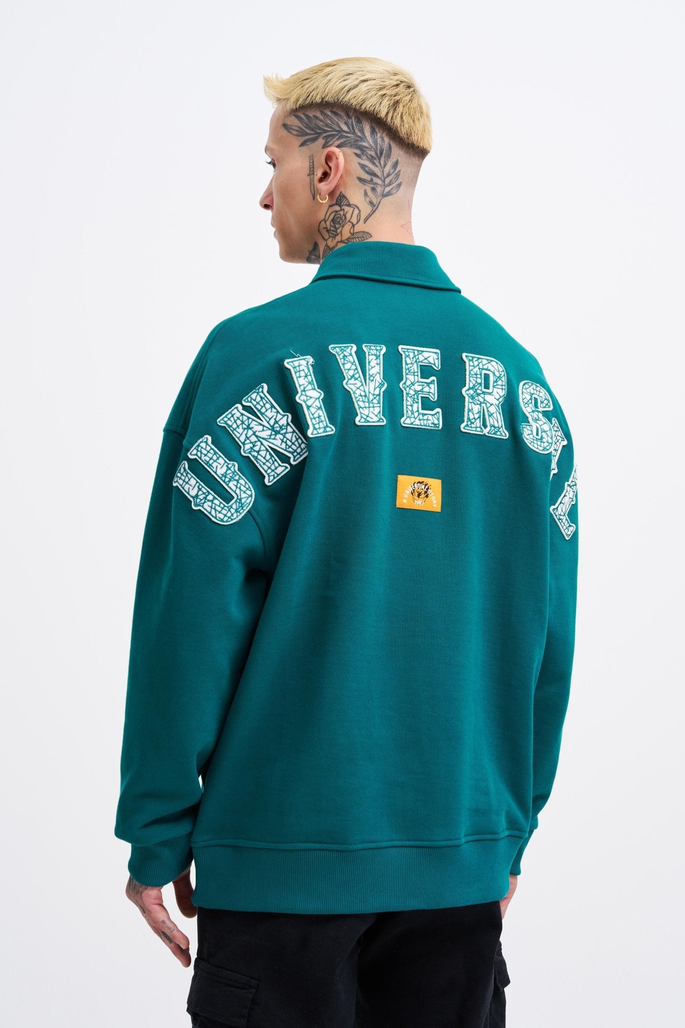 Erkek Felt Badge Zip Polo Sweatshirt Yağ Yeşili