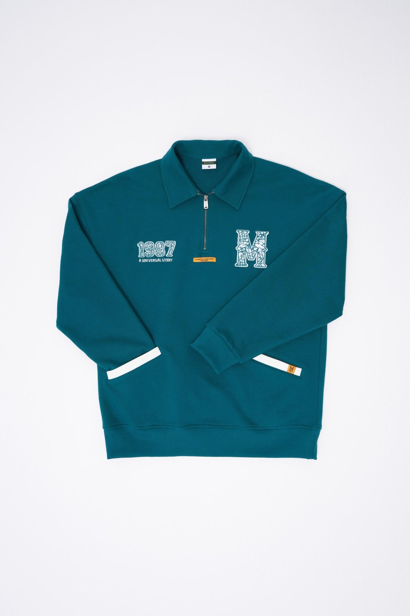 Erkek Felt Badge Zip Polo Sweatshirt Yağ Yeşili