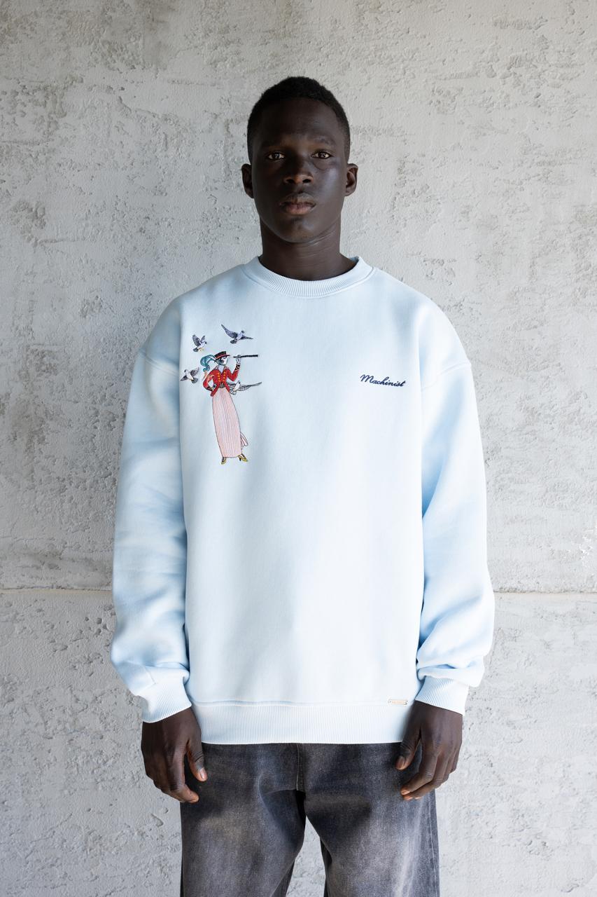 Erkek Figür Nakışlı Şardonlu Sweatshirt Açık Mavi