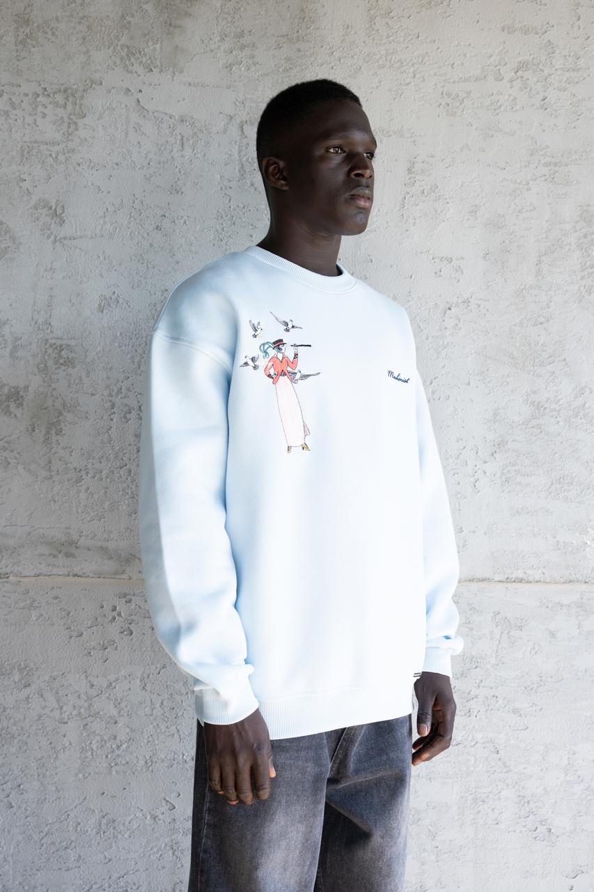 Erkek Figür Nakışlı Şardonlu Sweatshirt Açık Mavi