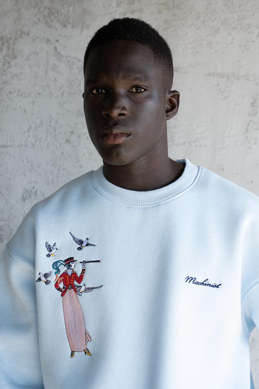 Erkek Figür Nakışlı Şardonlu Sweatshirt Açık Mavi