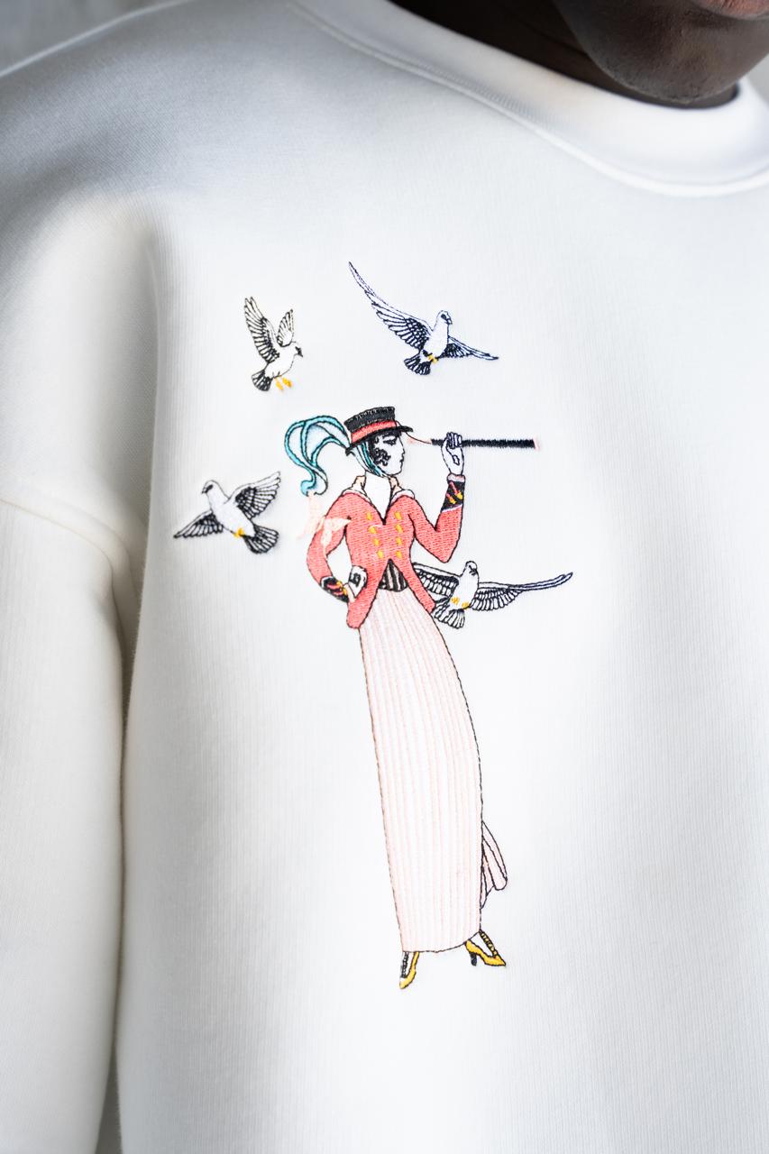 Erkek Figür Nakışlı Şardonlu Sweatshirt Ekru