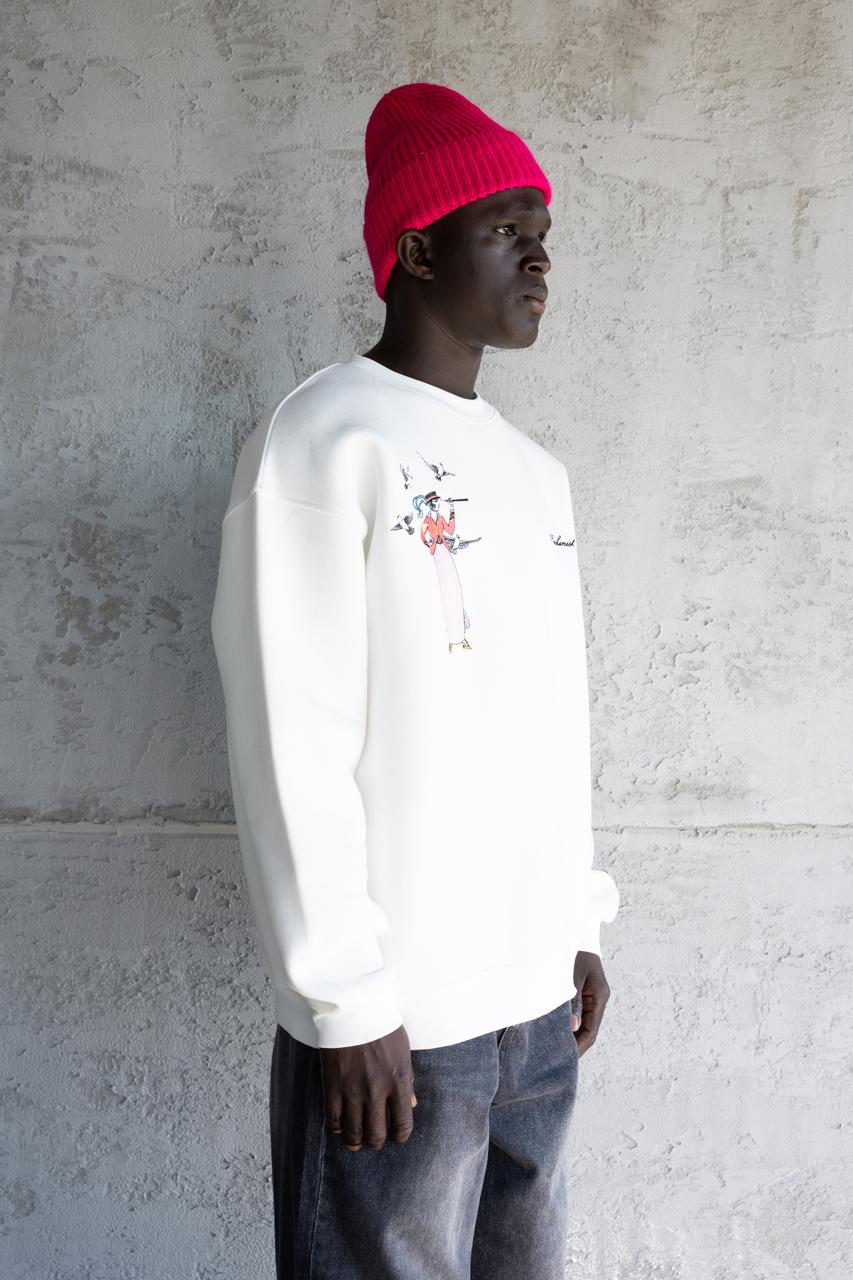 Erkek Figür Nakışlı Şardonlu Sweatshirt Ekru