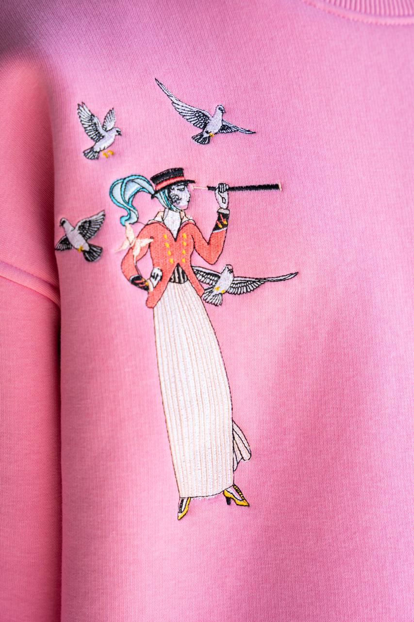Erkek Figür Nakışlı Şardonlu Sweatshirt Pembe