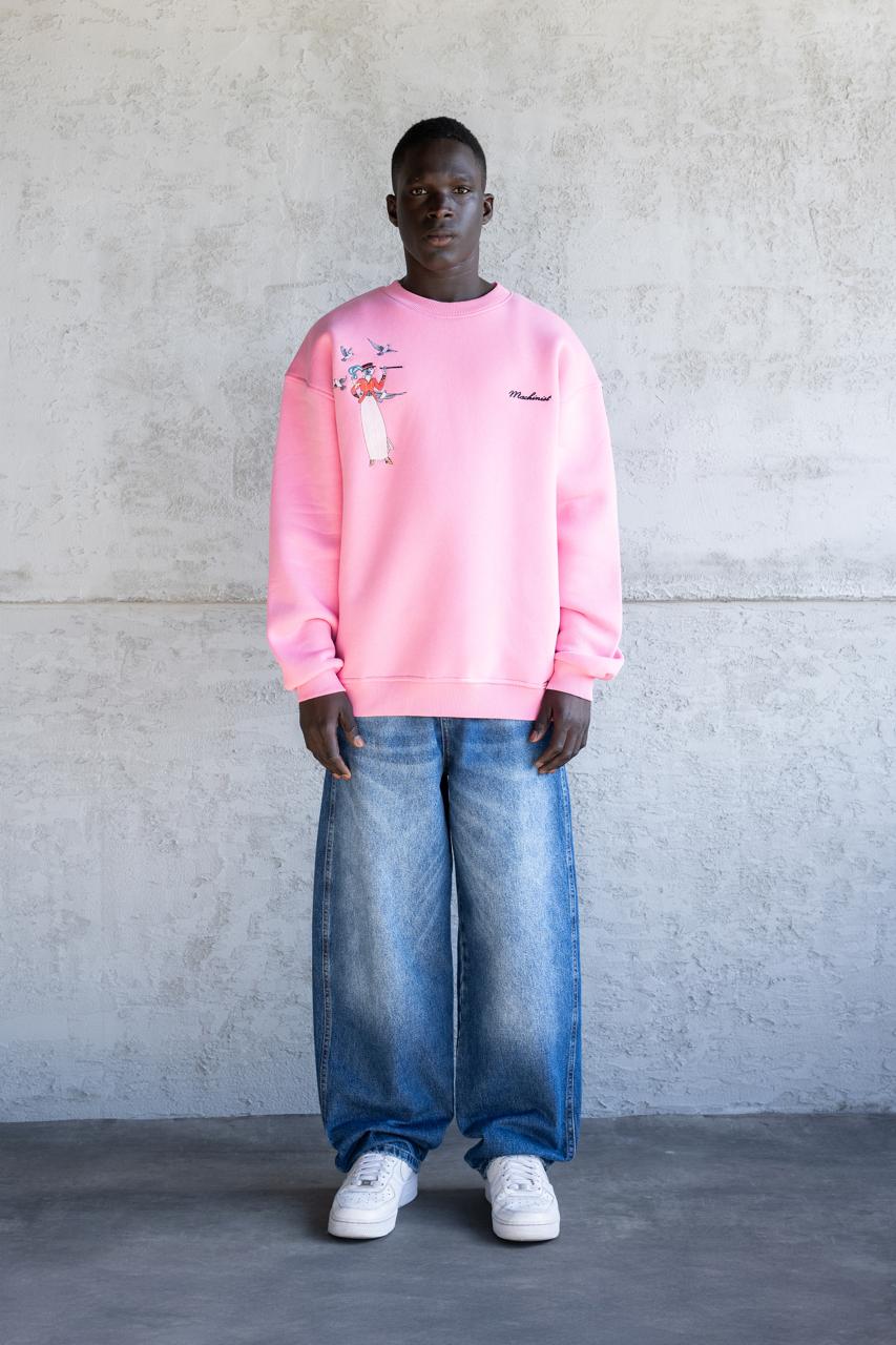 Erkek Figür Nakışlı Şardonlu Sweatshirt Pembe