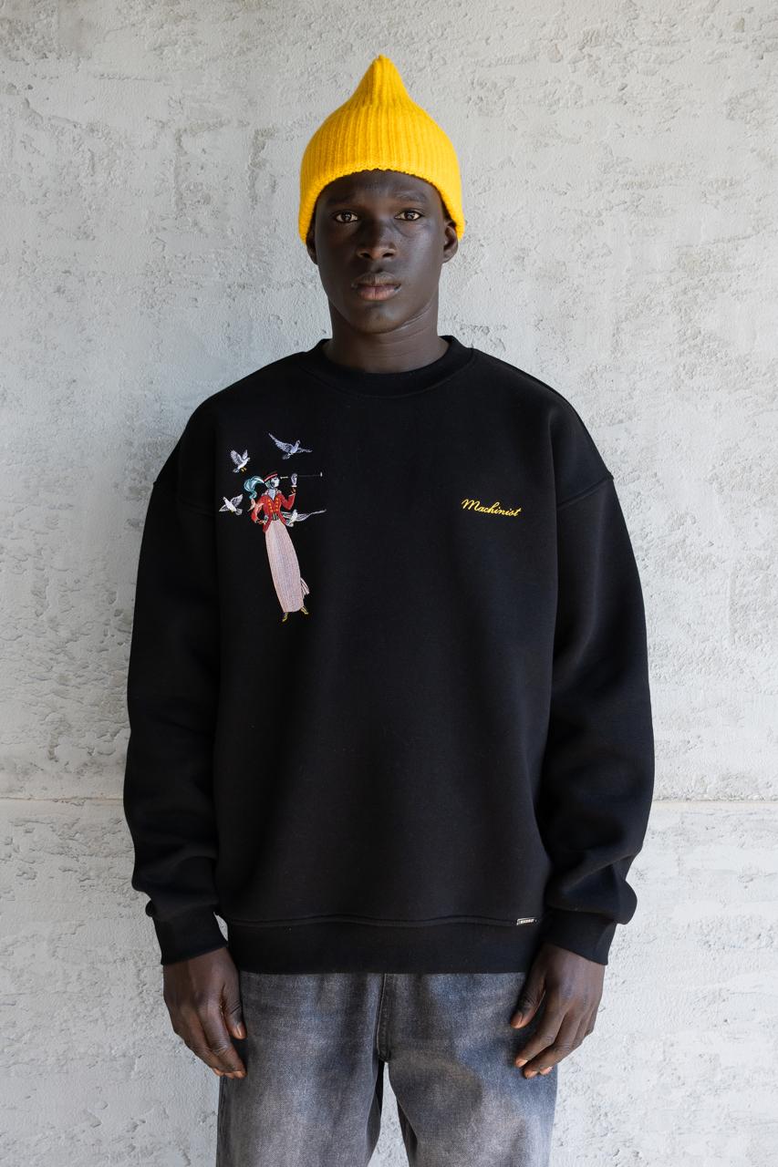 Erkek Figür Nakışlı Şardonlu Sweatshirt Siyah