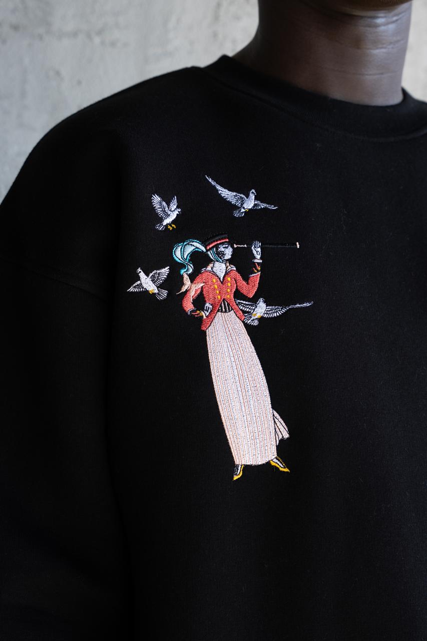 Erkek Figür Nakışlı Şardonlu Sweatshirt Siyah