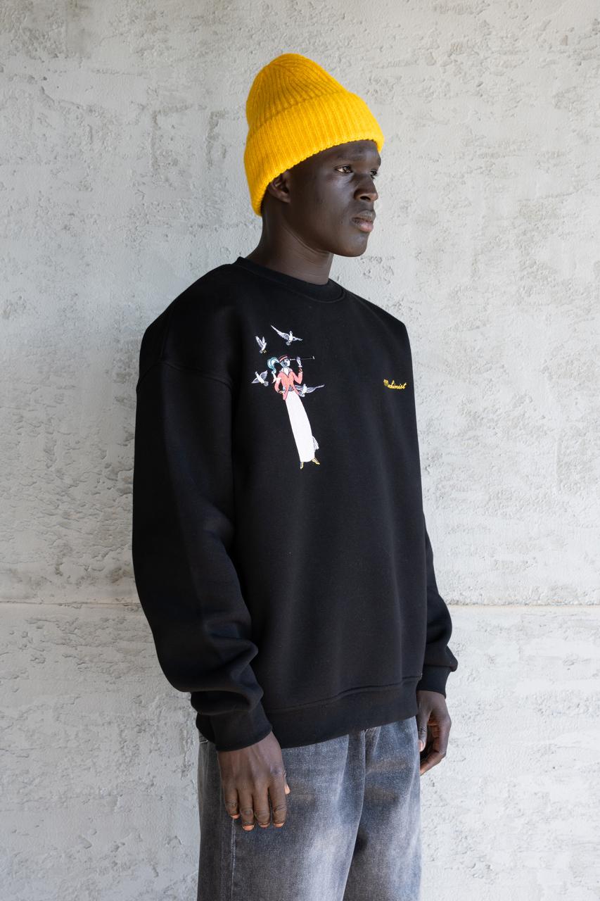 Erkek Figür Nakışlı Şardonlu Sweatshirt Siyah