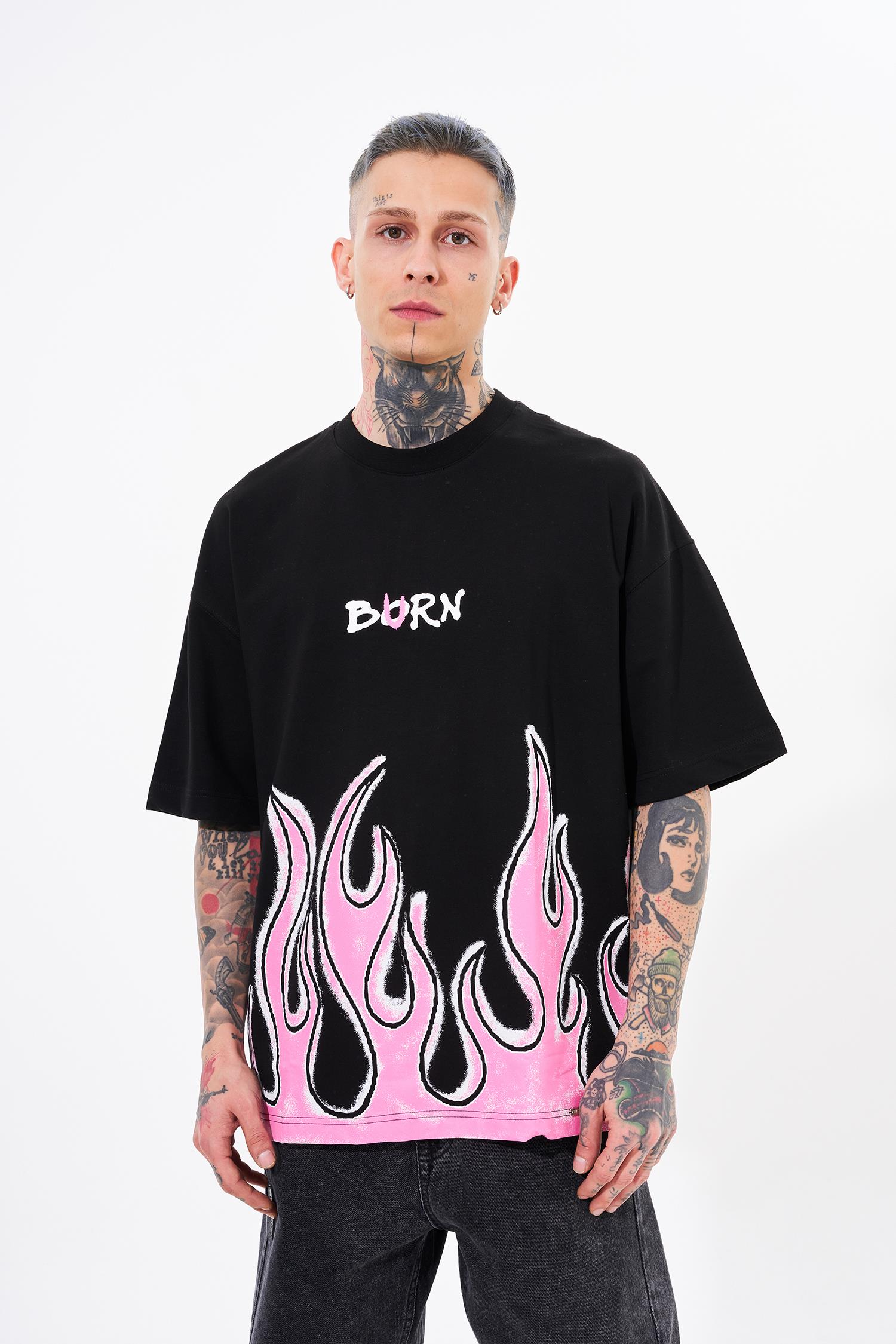 Erkek Fire Effect Baskılı Oversize Tişört Siyah