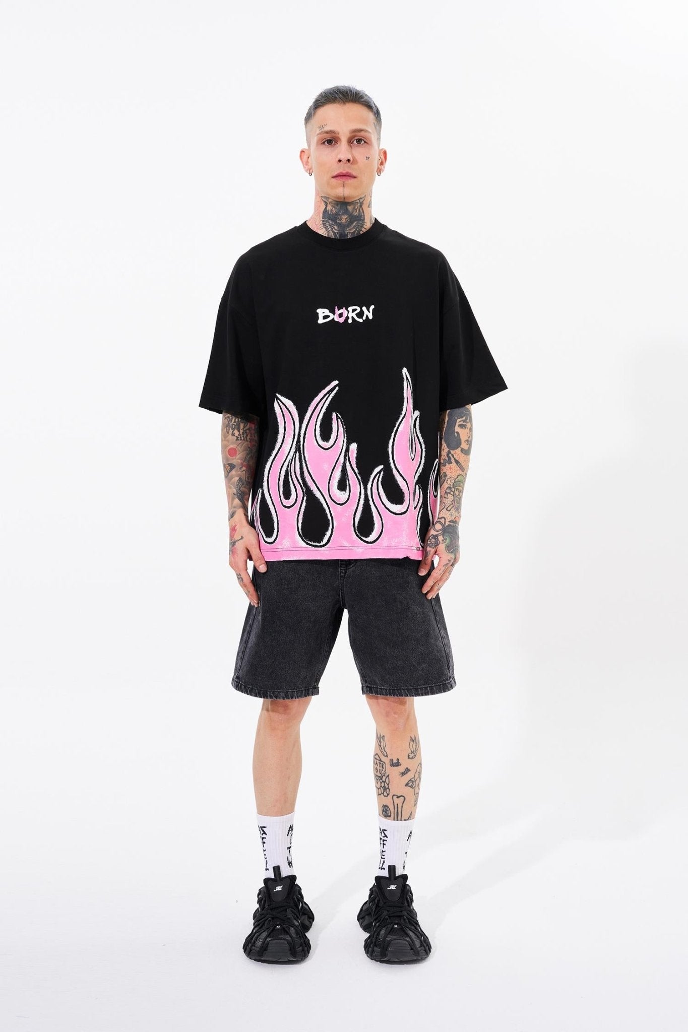 Erkek Fire Effect Baskılı Oversize Tişört Siyah