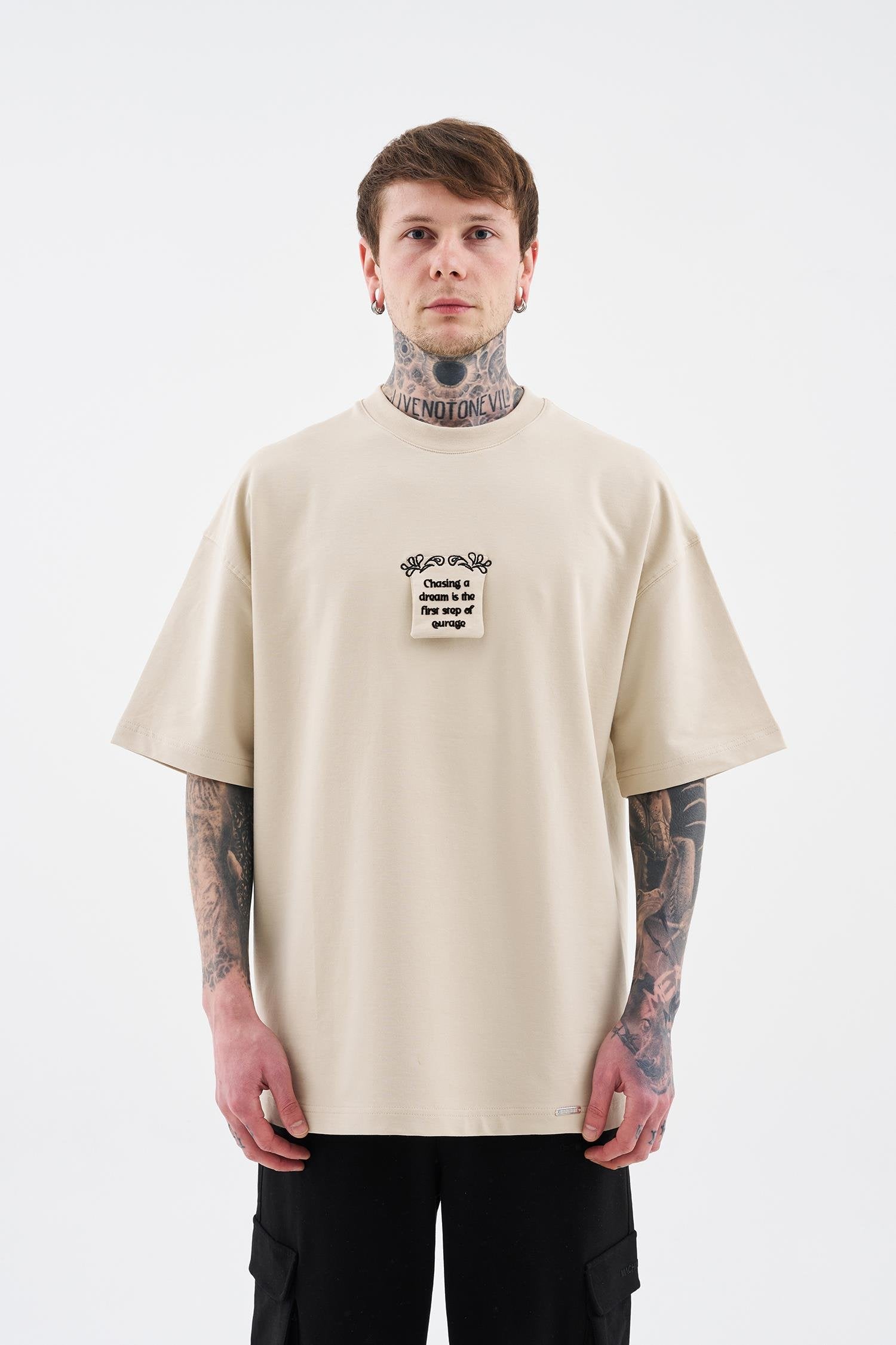 Erkek Flock Printed Oversi̇ze Ti̇şört Açık Bej