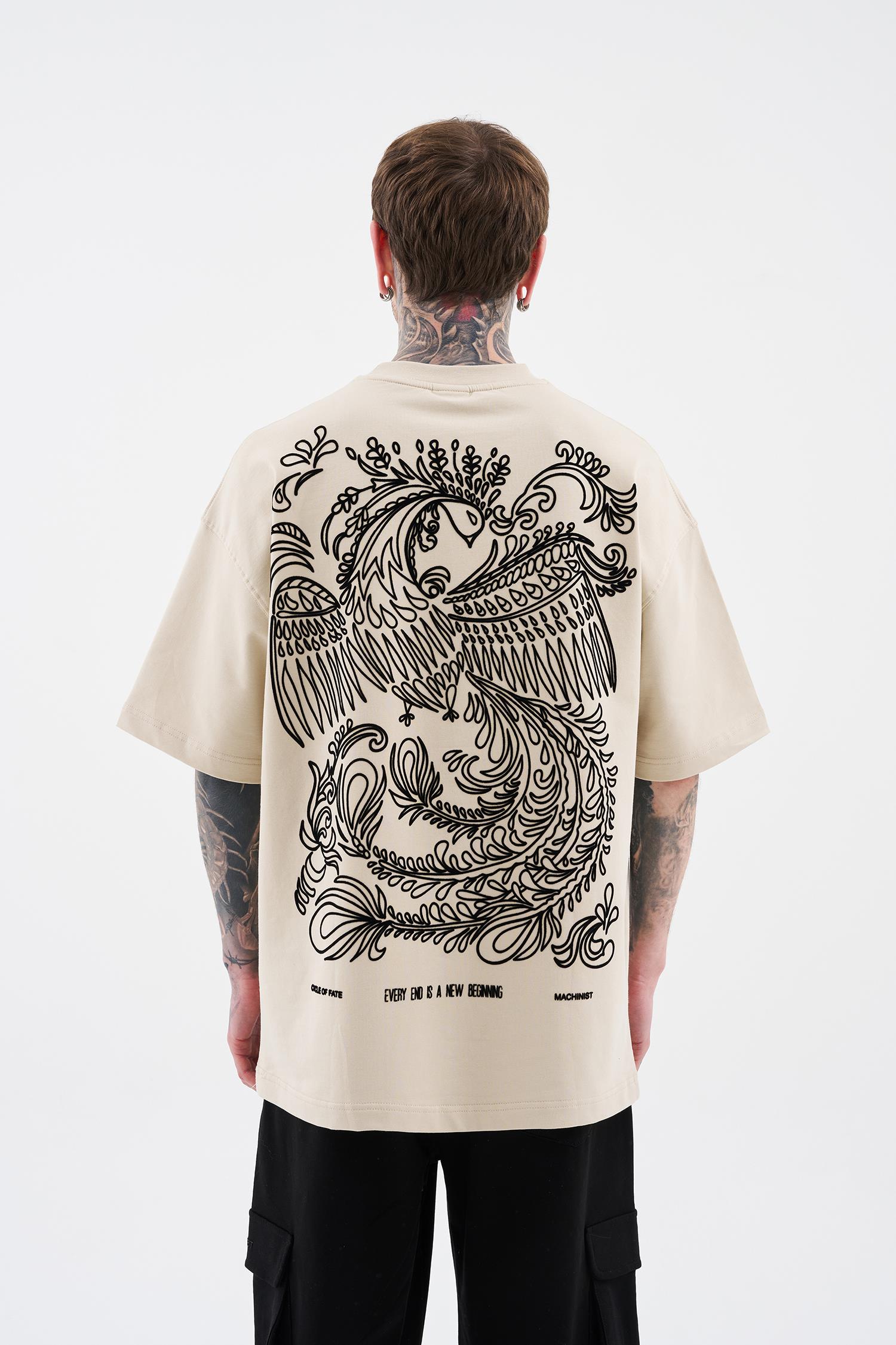 Erkek Flock Printed Oversi̇ze Ti̇şört Açık Bej