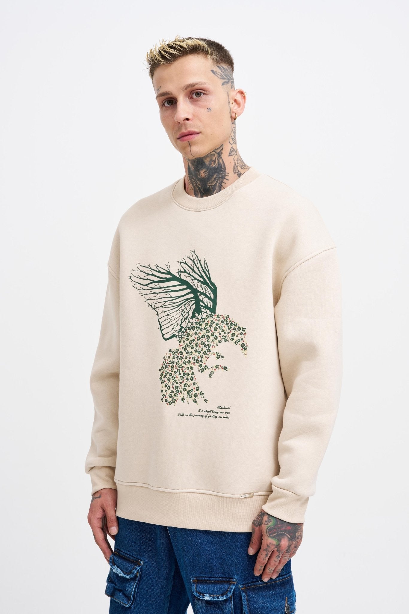 Erkek Floral Bird Sweatshirt Açık Bej
