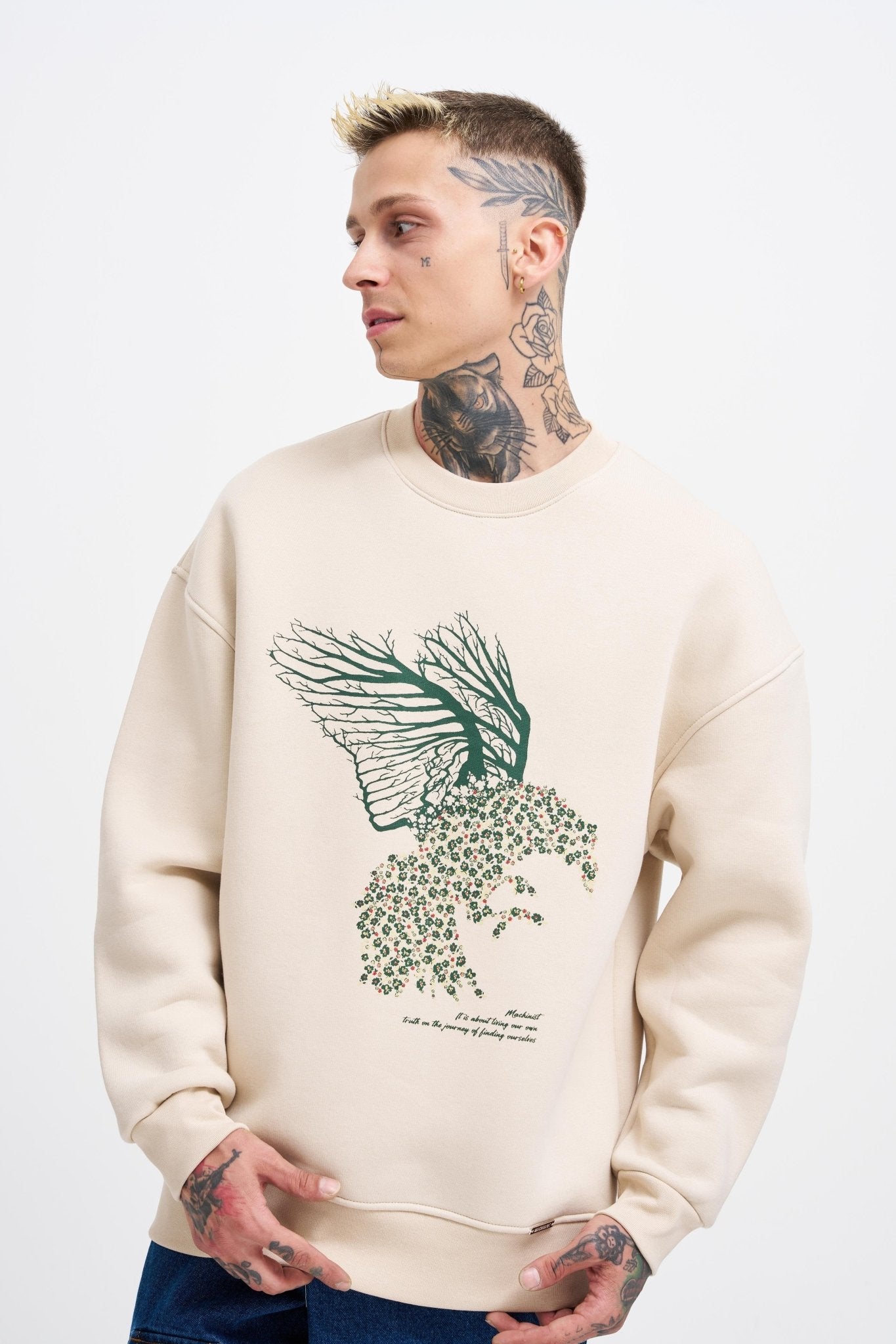 Erkek Floral Bird Sweatshirt Açık Bej