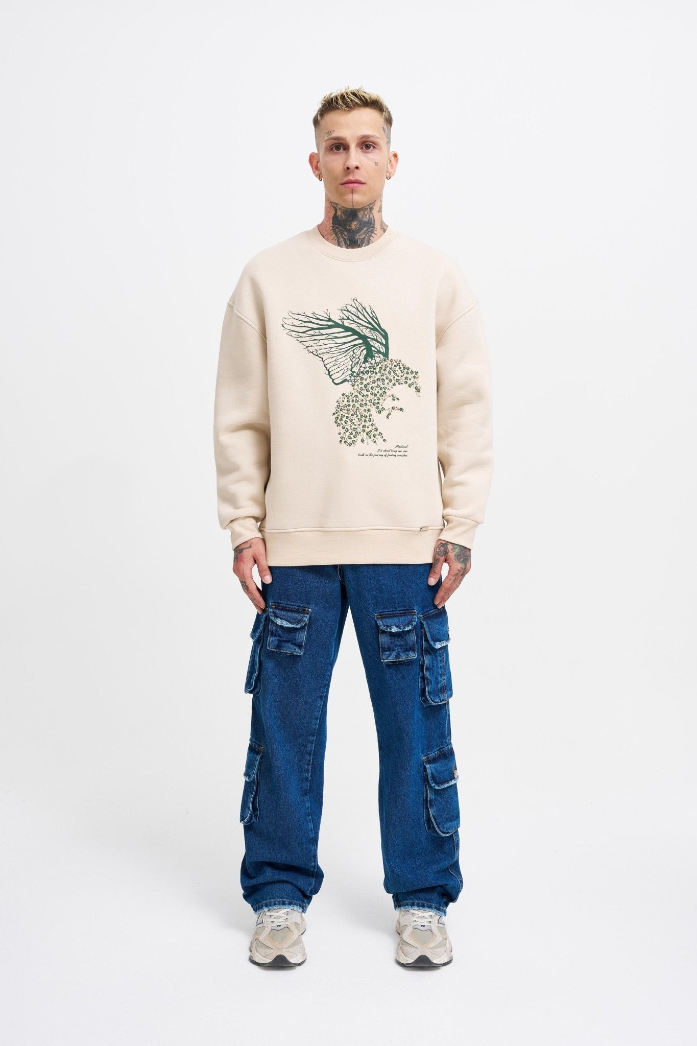 Erkek Floral Bird Sweatshirt Açık Bej