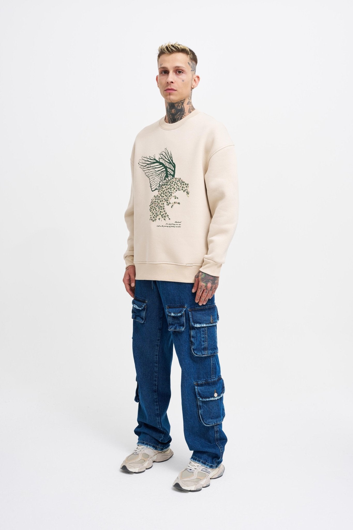 Erkek Floral Bird Sweatshirt Açık Bej