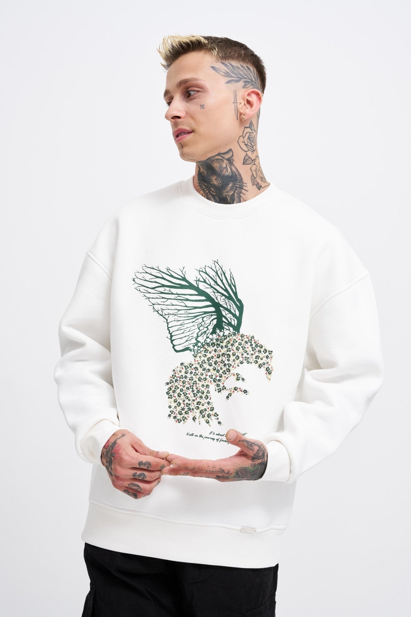 Erkek Floral Bird Sweatshirt Ekru