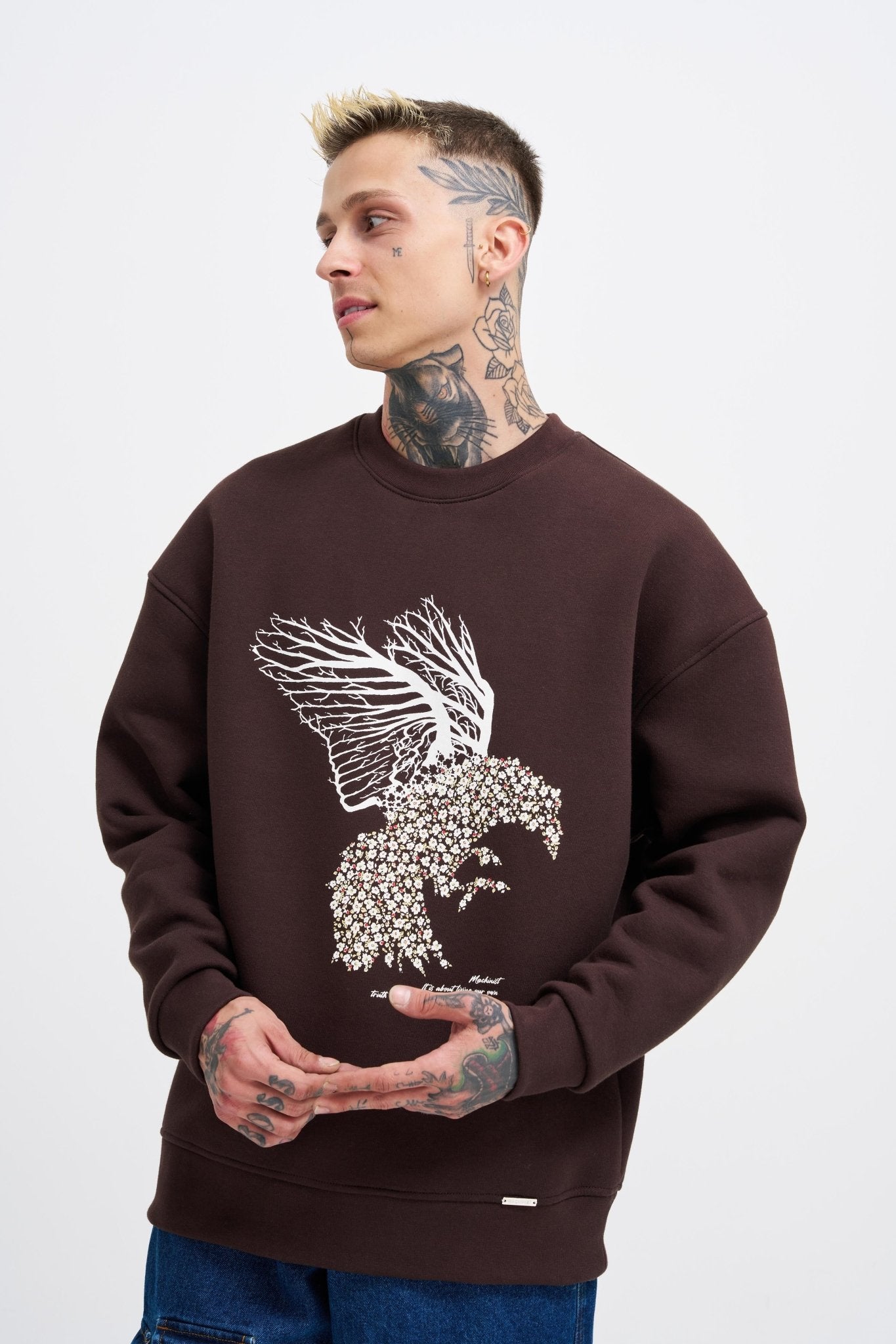 Erkek Floral Bird Sweatshirt Koyu Kahverengi