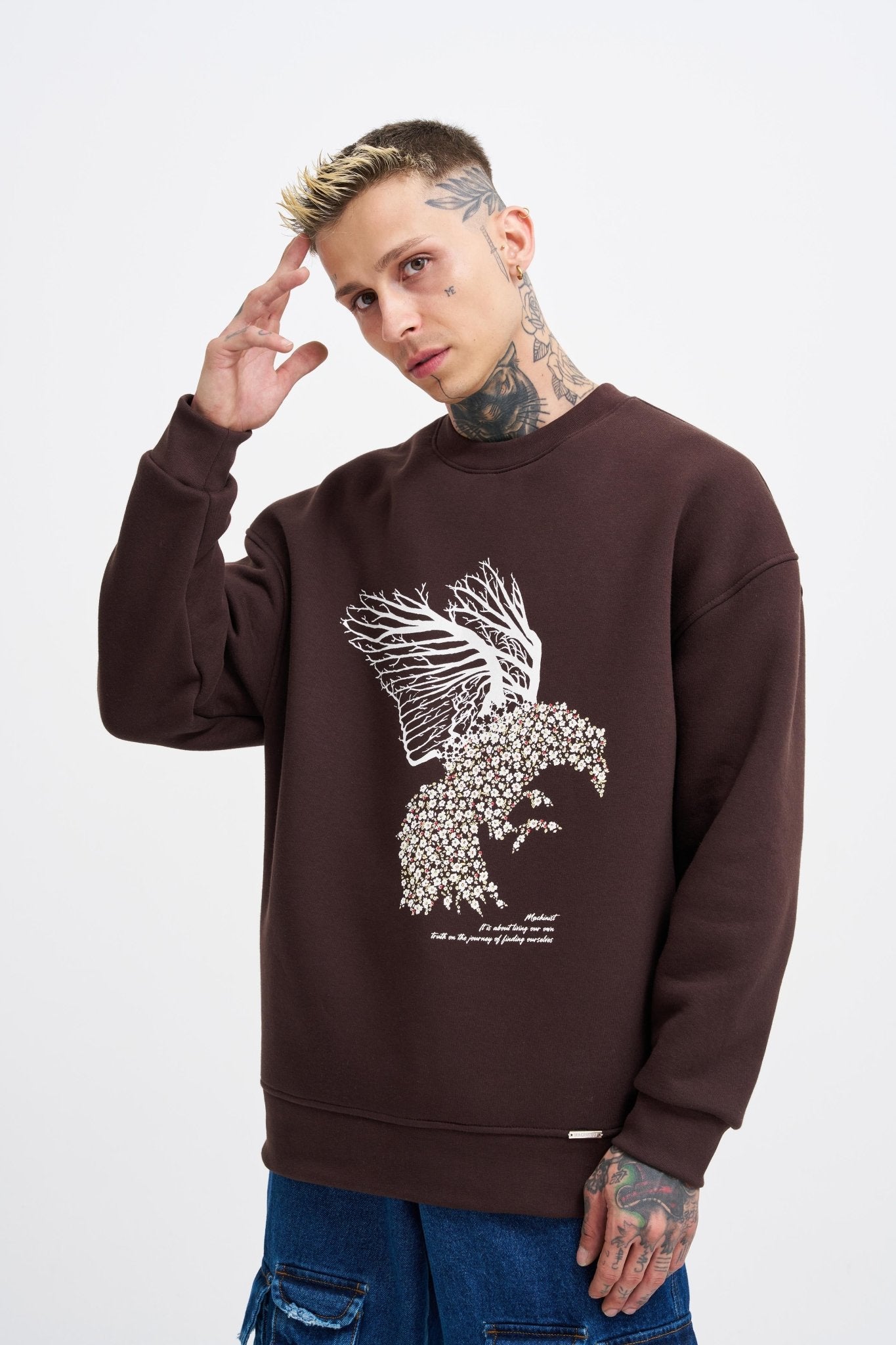Erkek Floral Bird Sweatshirt Koyu Kahverengi