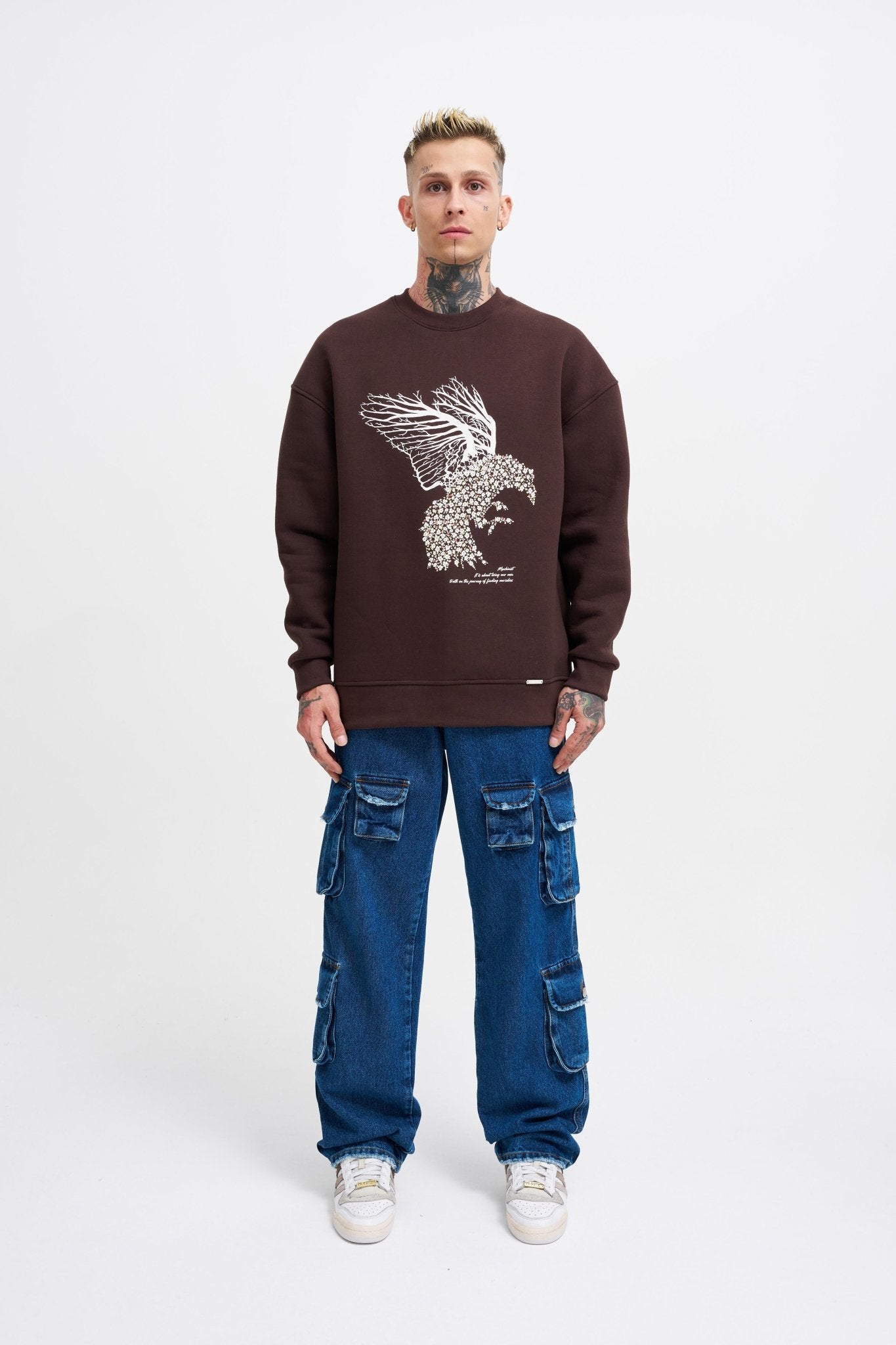 Erkek Floral Bird Sweatshirt Koyu Kahverengi