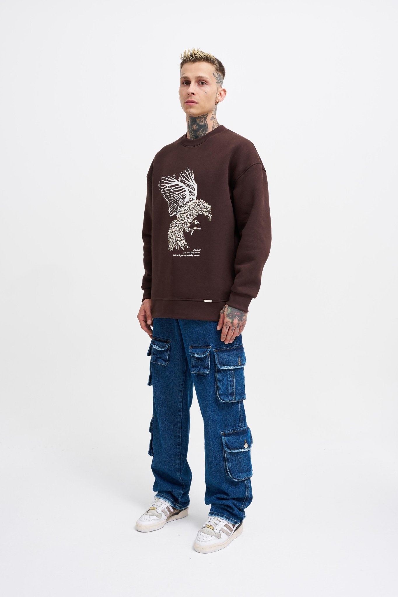 Erkek Floral Bird Sweatshirt Koyu Kahverengi
