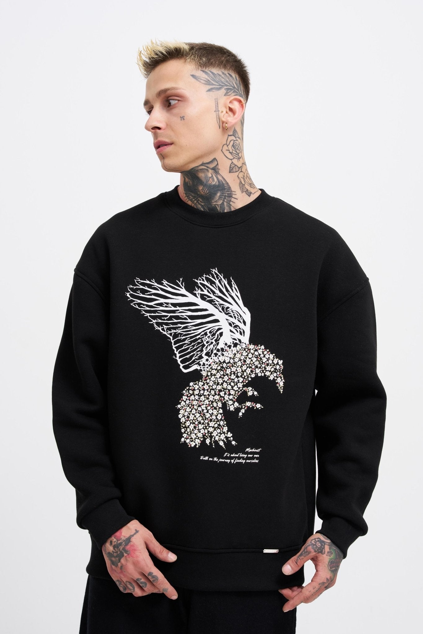 Erkek Floral Bird Sweatshirt Siyah