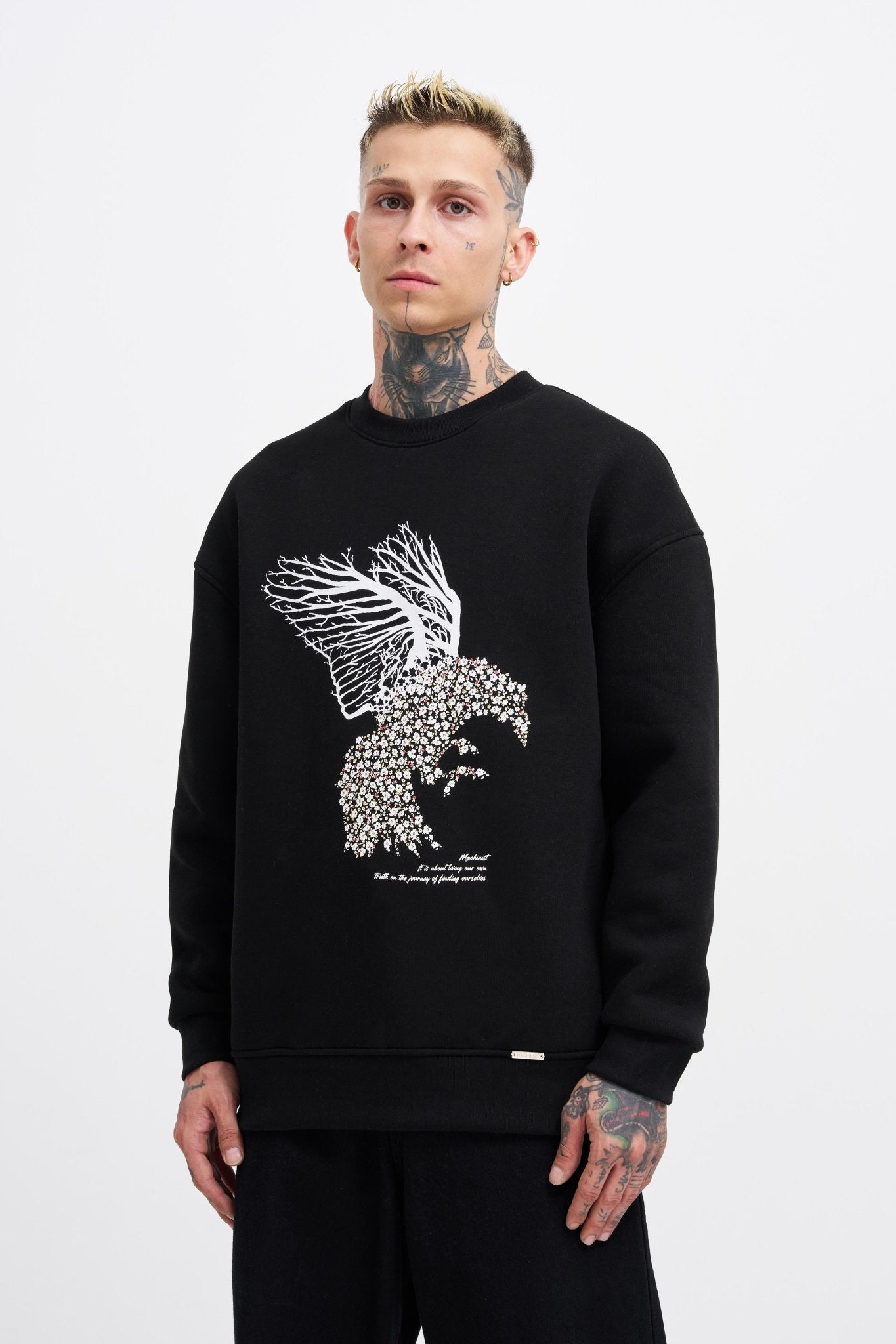 Erkek Floral Bird Sweatshirt Siyah