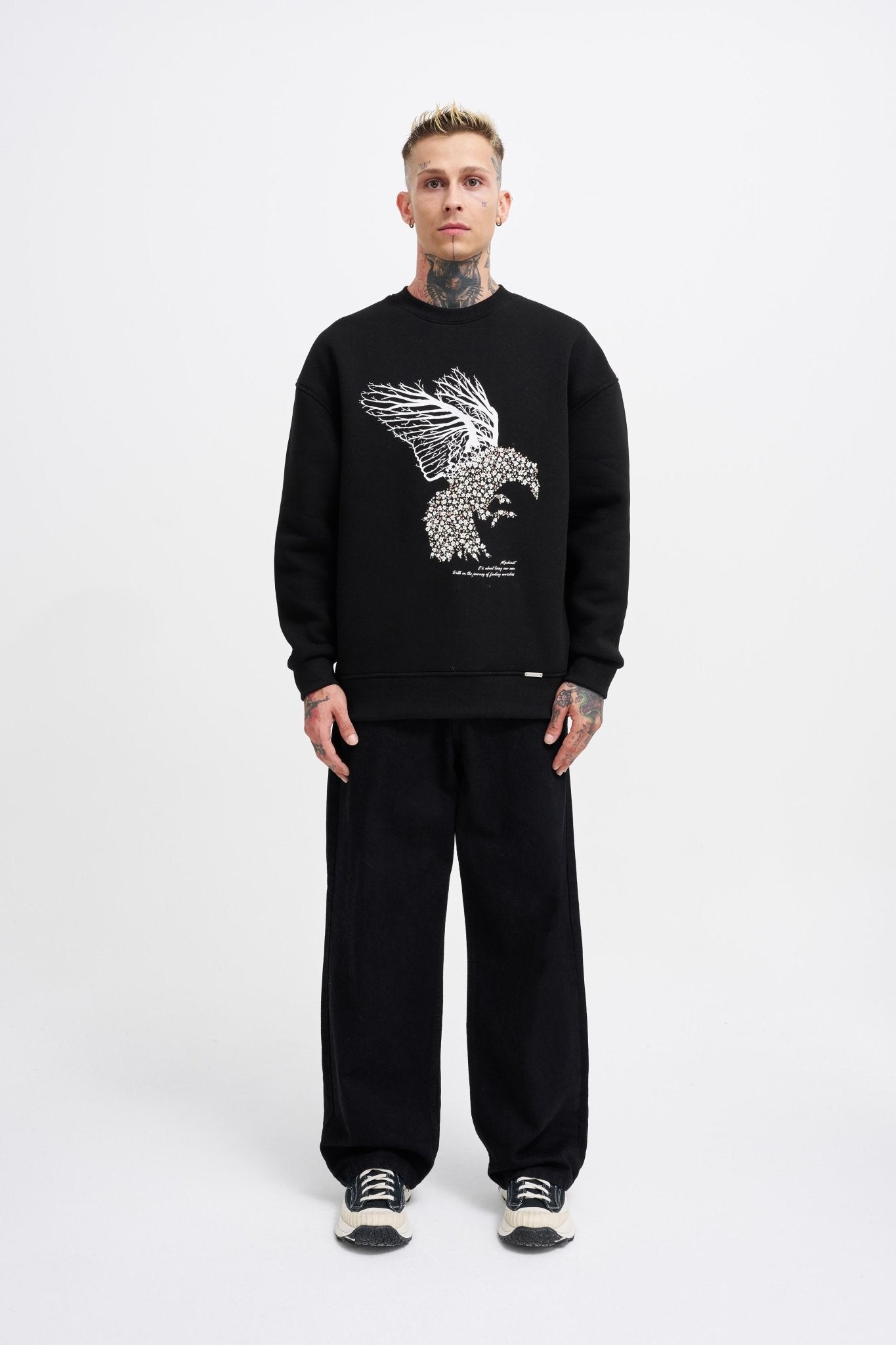 Erkek Floral Bird Sweatshirt Siyah