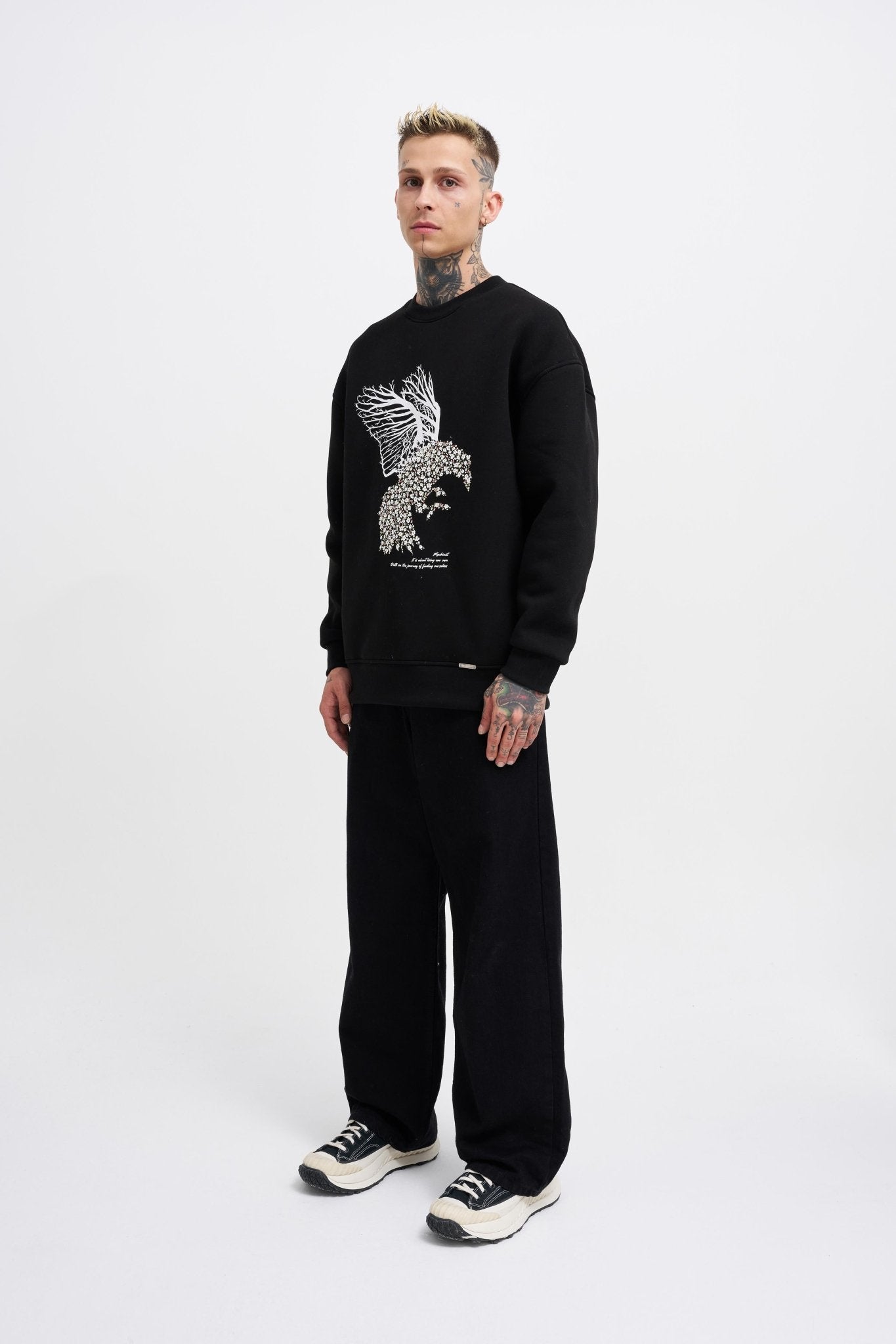 Erkek Floral Bird Sweatshirt Siyah