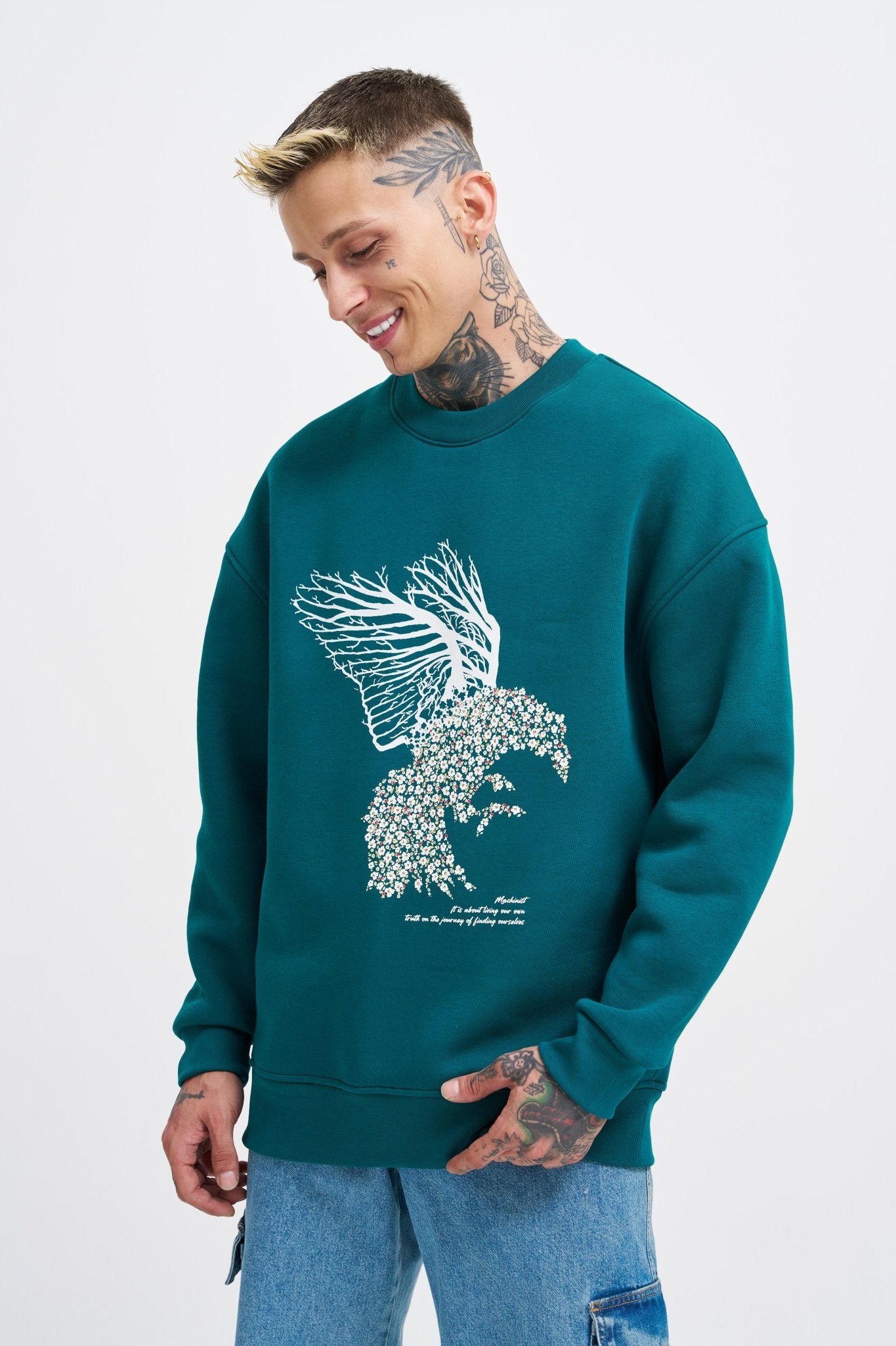 Erkek Floral Bird Sweatshirt Yağ Yeşili