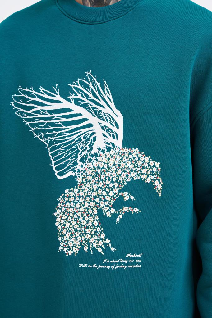 Erkek Floral Bird Sweatshirt Yağ Yeşili