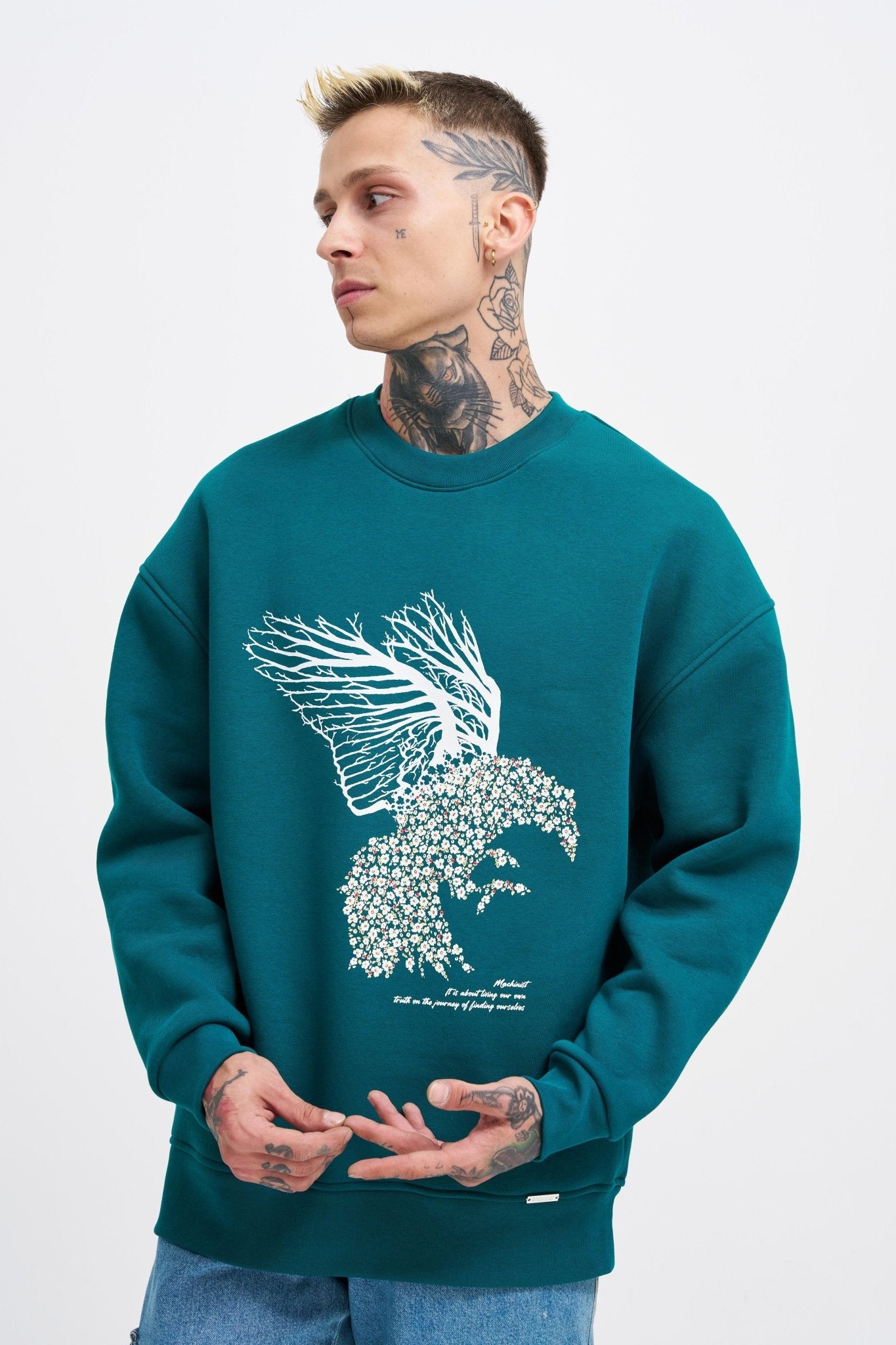 Erkek Floral Bird Sweatshirt Yağ Yeşili