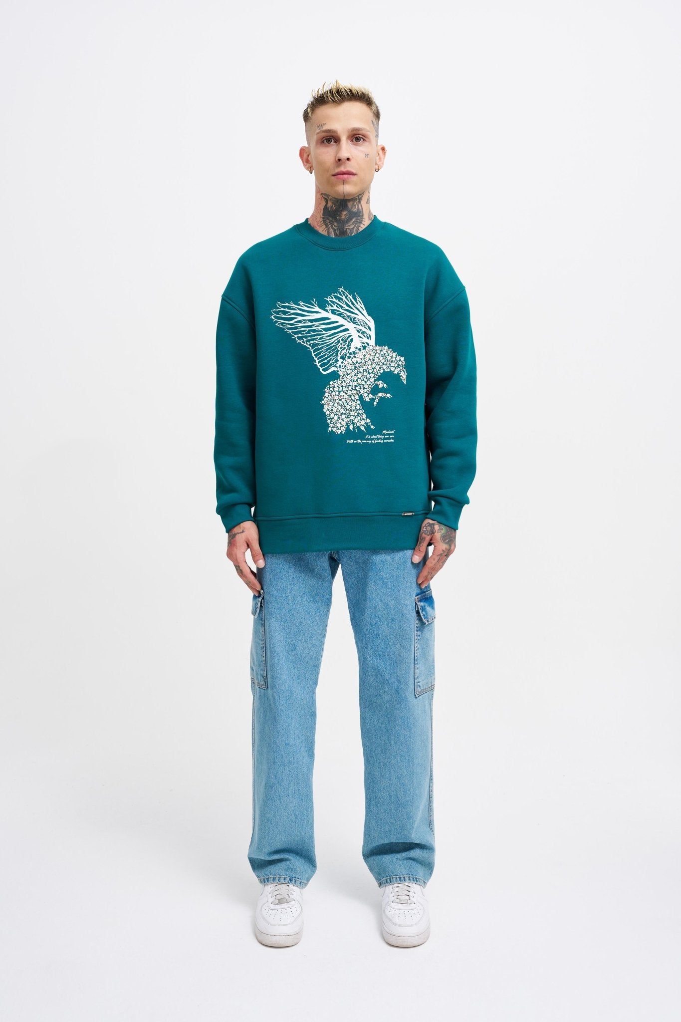 Erkek Floral Bird Sweatshirt Yağ Yeşili