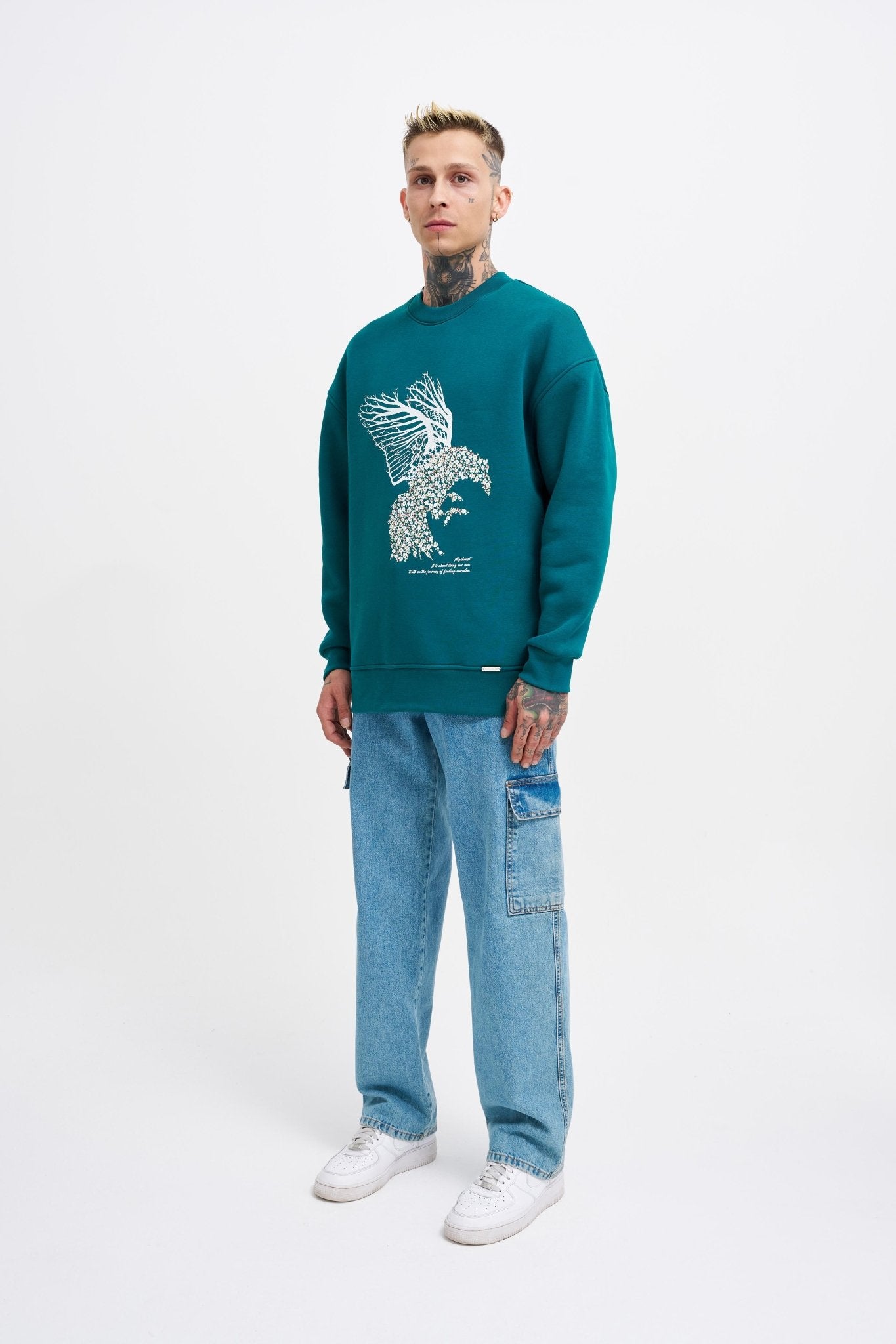 Erkek Floral Bird Sweatshirt Yağ Yeşili