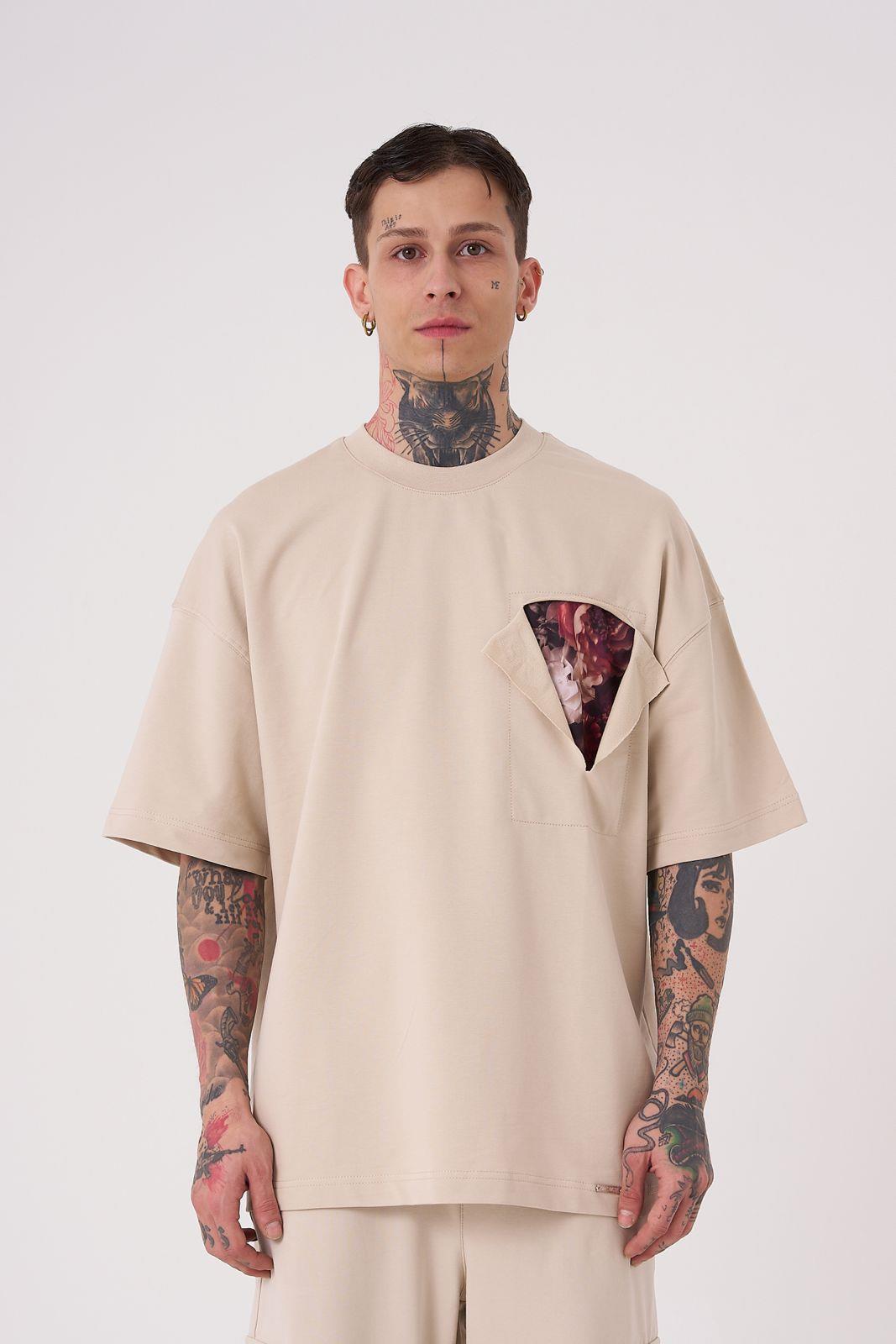 Erkek Flower Patch Baskılı Oversize Tişört Açık Bej